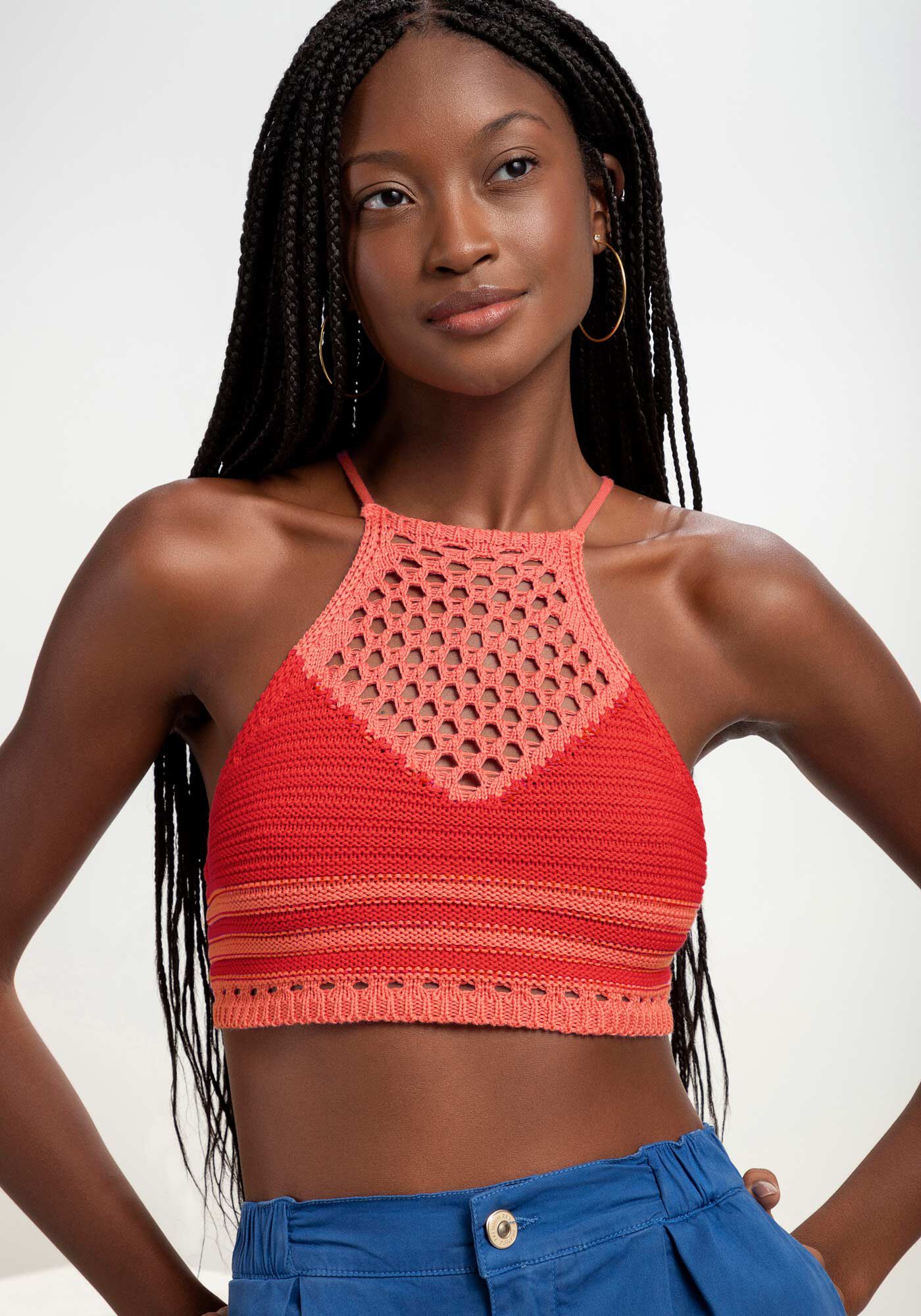 Blusa Cropped em Tric&ocirc; com Al&ccedil;as Cruzadas, , large.