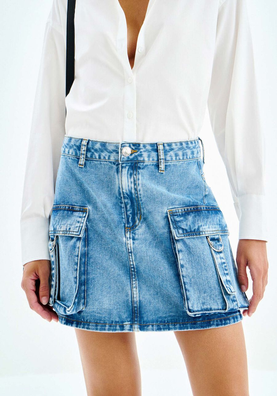 Saia Jeans Curta com Bolsos Cargo, . Saia Jeans Curta com Bolsos Cargo, , large.
