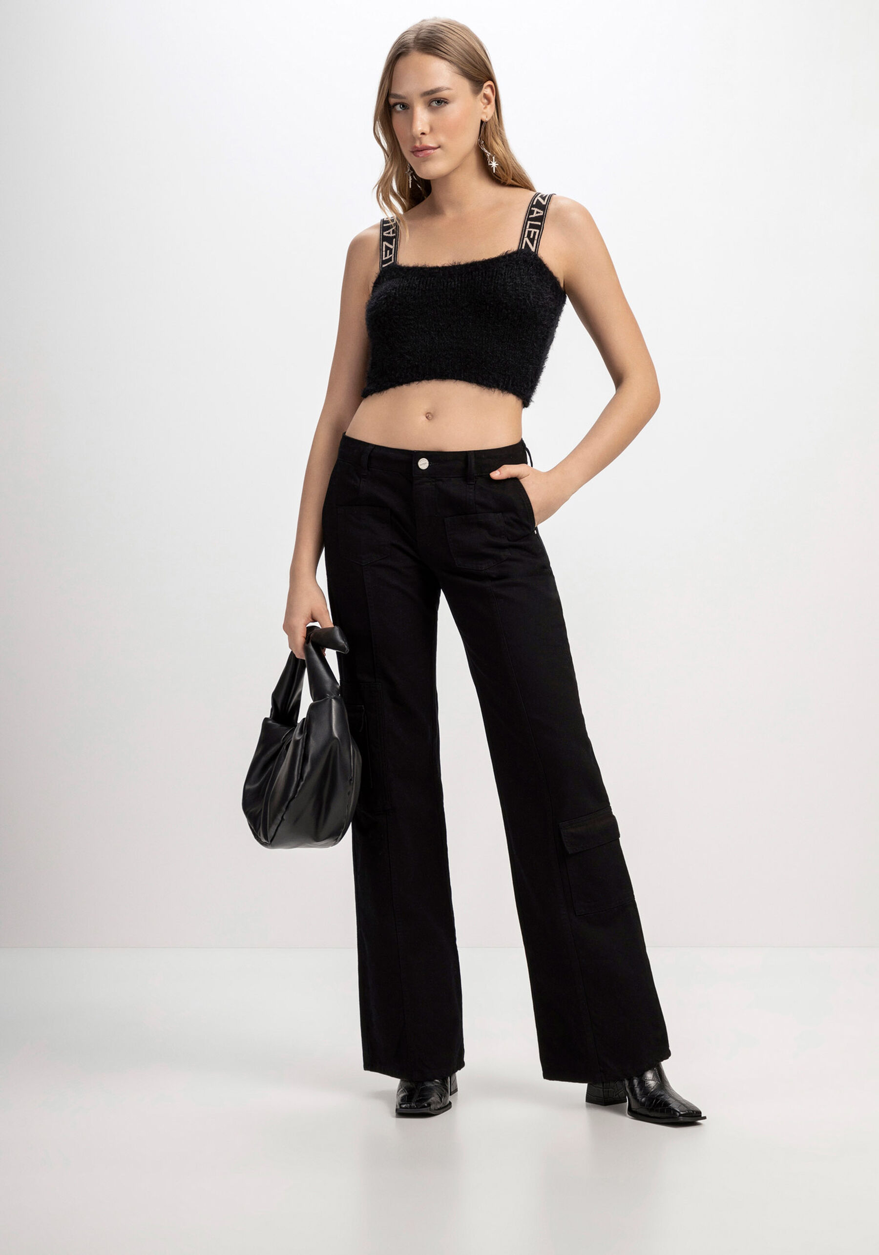 Calça Cargo Sarja com Cintura Baixa, PRETO REATIVO. Calça Cargo Sarja com Cintura Baixa, PRETO REATIVO, large.