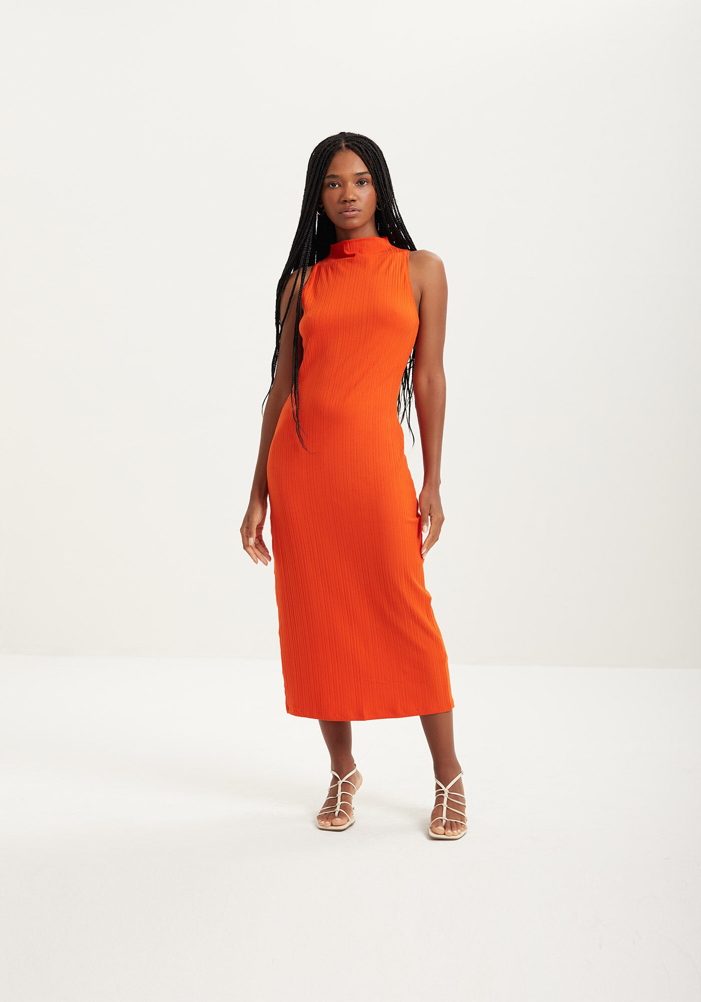 Vestido Midi B&aacute;sico Em Malha Canelada De Viscose, , large.