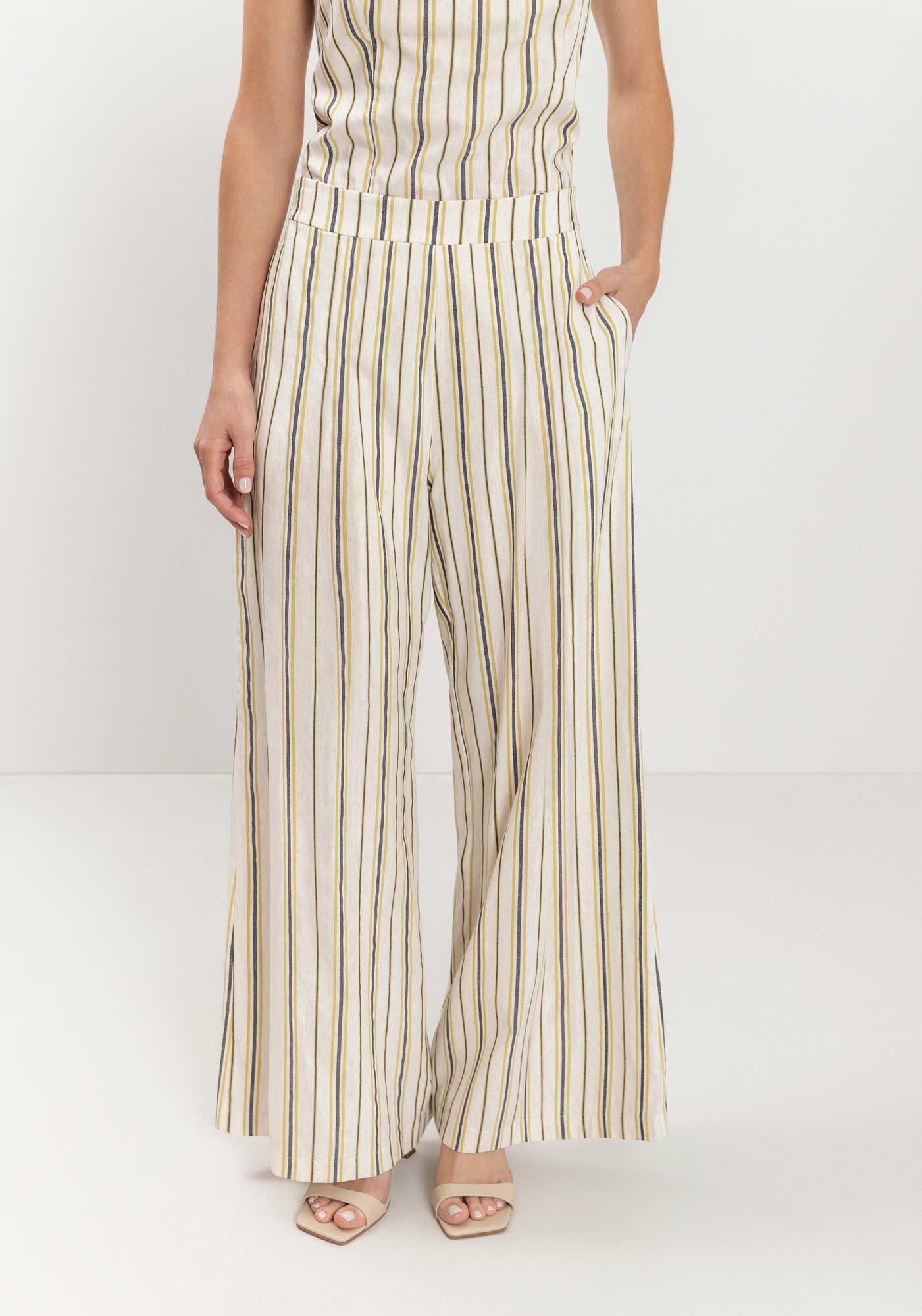 Cal&ccedil;a Pantalona De Cintura Alta Em Linho Leve Listrado, , large.