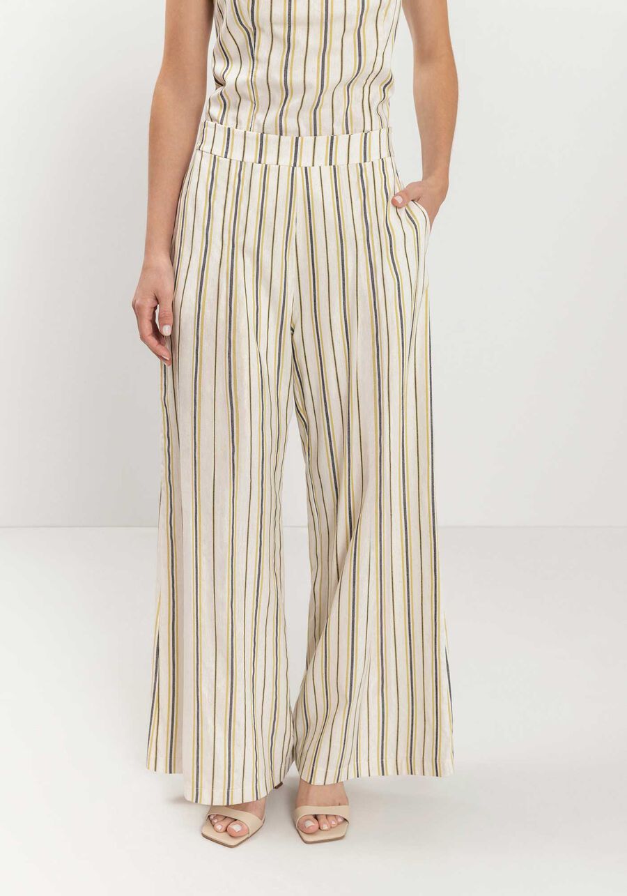 Calça Pantalona De Cintura Alta Em Linho Leve Listrado, . Calça Pantalona De Cintura Alta Em Linho Leve Listrado, , large.