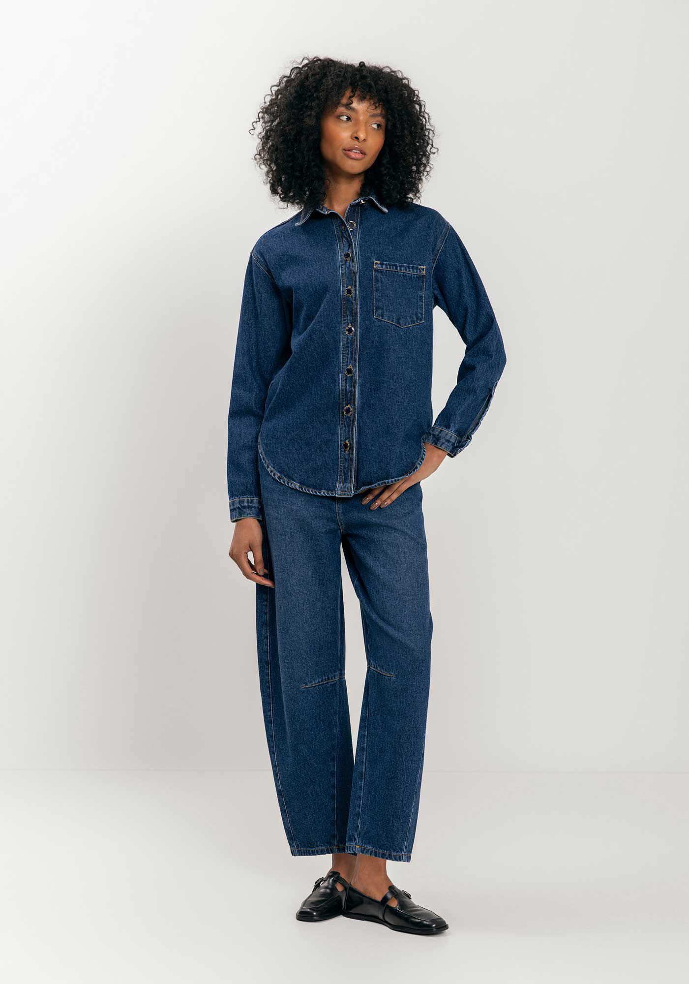 Camisa Jeans De Mangas Longas Com Bolso E Bot&otilde;es, JEANS, large.