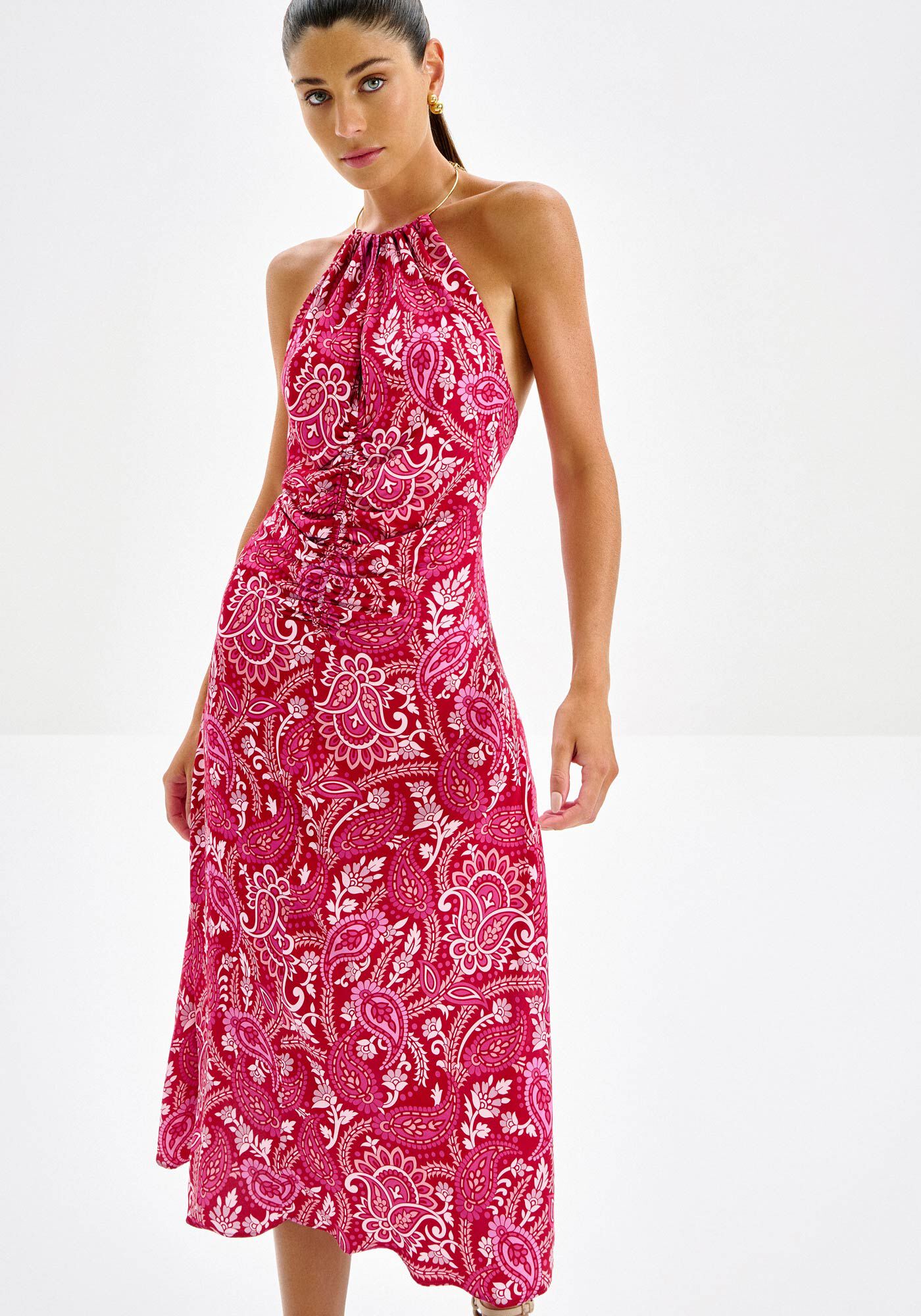 Vestido Midi Estampado com Gargantilha, , large.