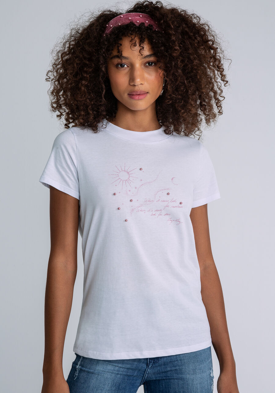 T-shirt Pérolas Faixa Veludo, BRANCO. T-shirt Pérolas Faixa Veludo, BRANCO, large.