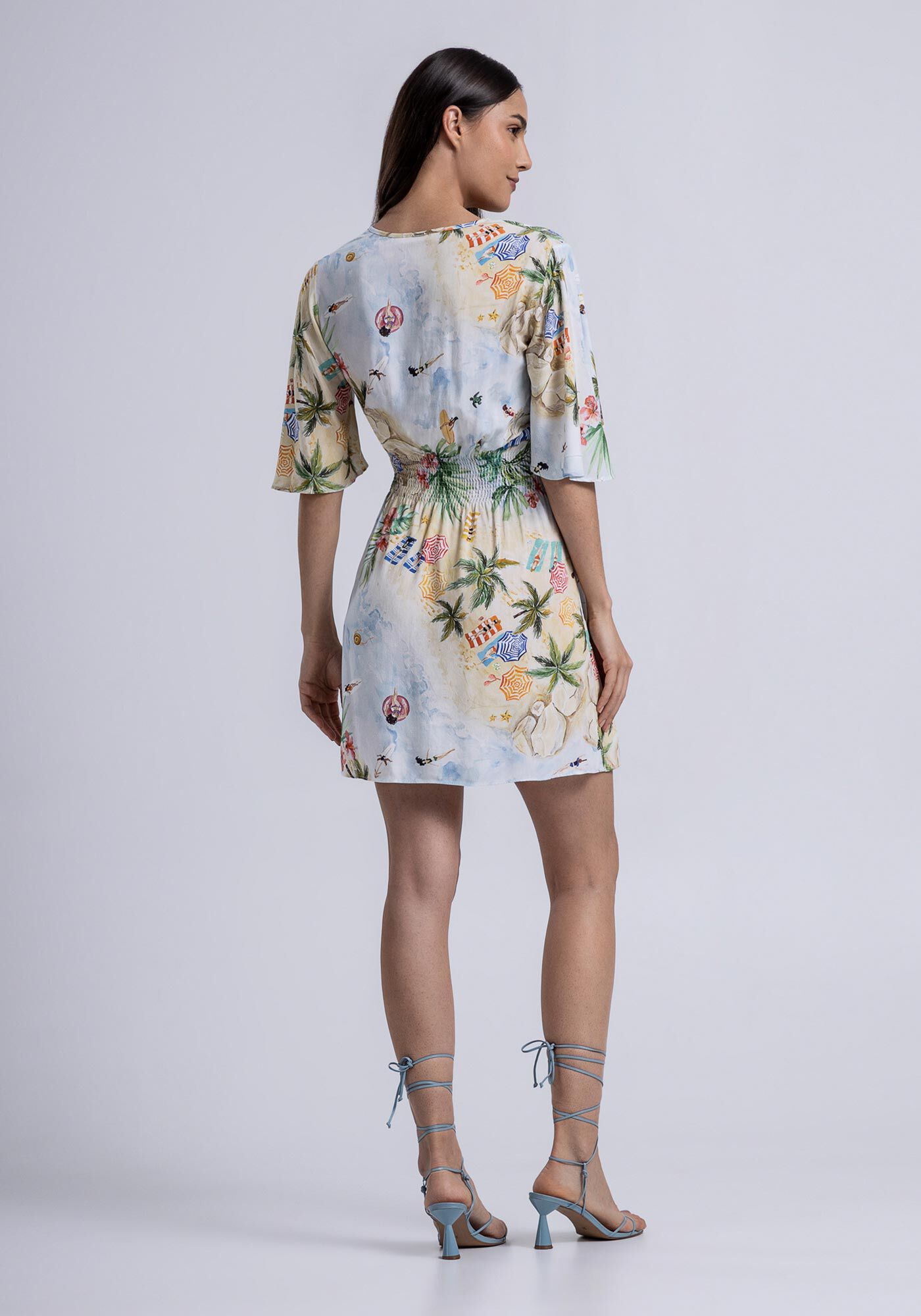 Vestido Curto Estampado em Viscose com Manga Sino, , large.