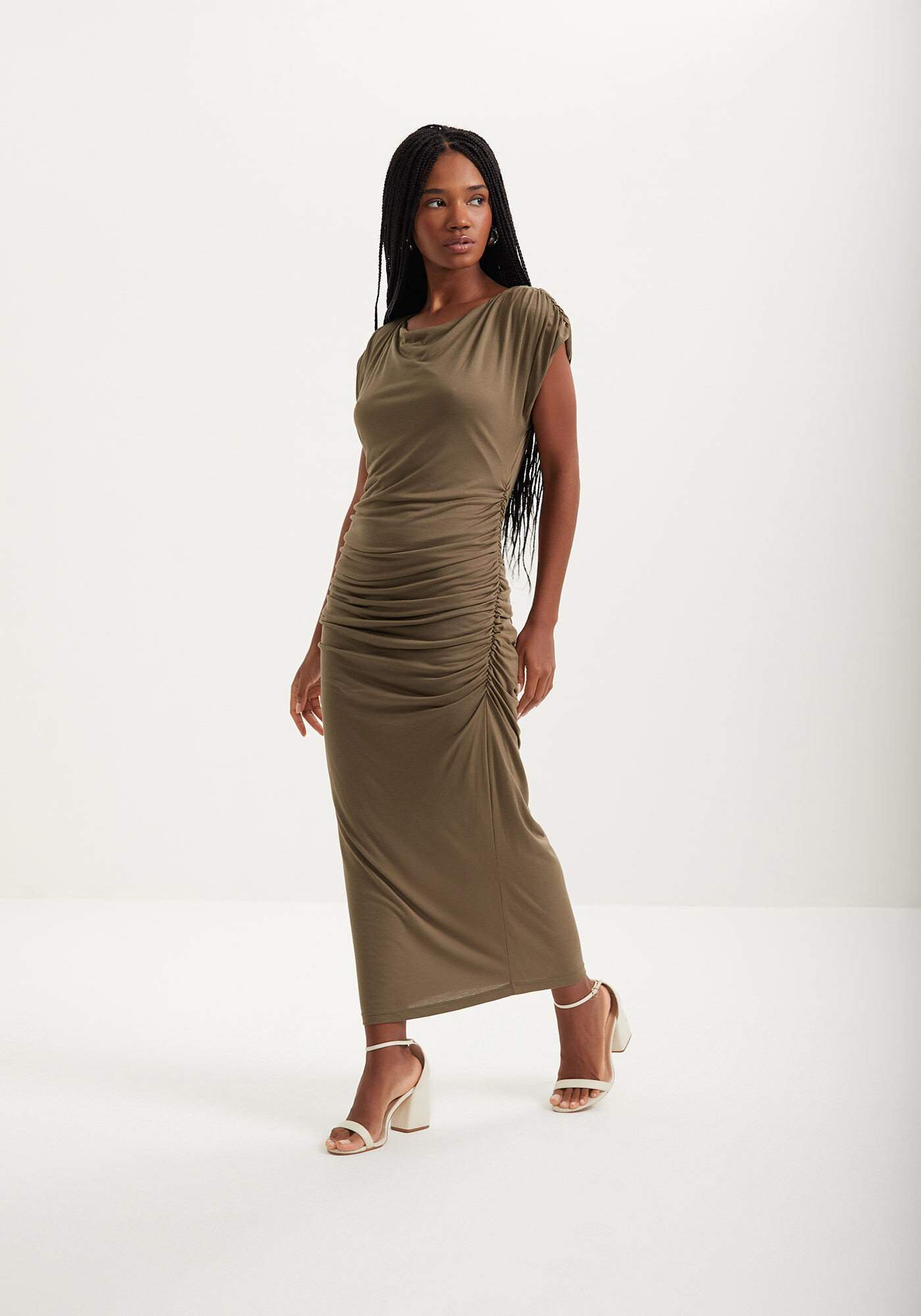 Vestido Midi Drapeado Com Mangas Curtas Em Malha Modal | Lez a Lez