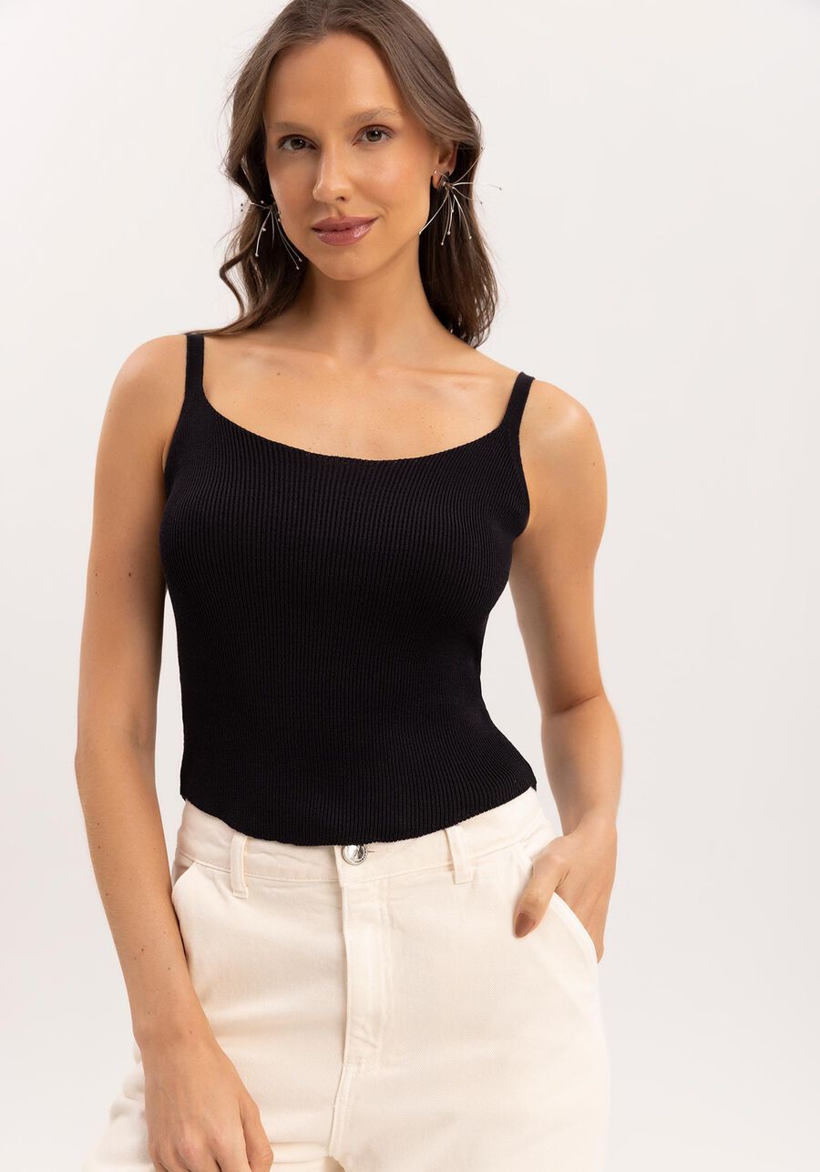 Blusa em Tricô Altura Cós, PRETO REATIVO. Blusa em Tricô Altura Cós, PRETO REATIVO, large.