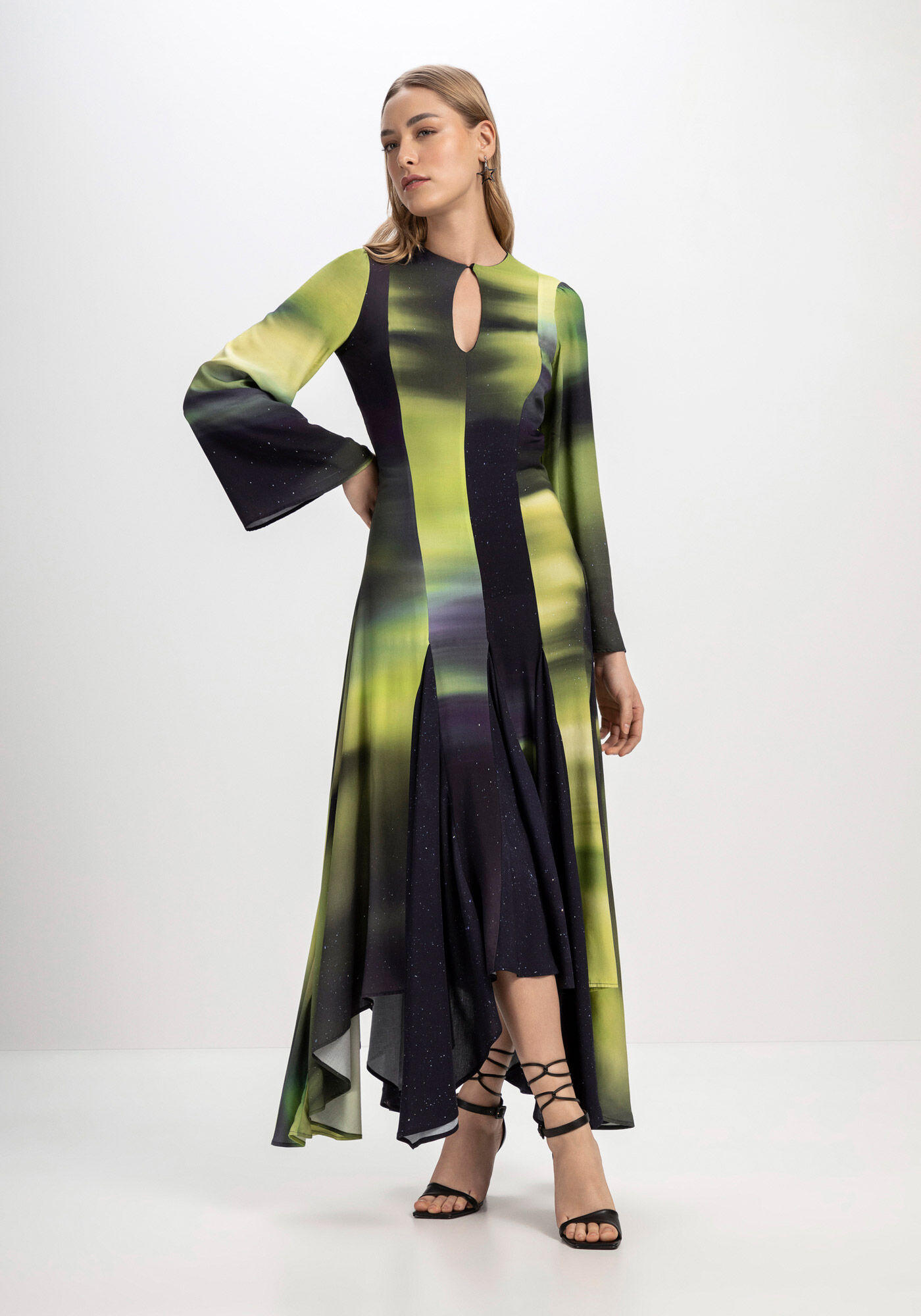 Vestido Midi Estampado com Barra Assim&eacute;trica, , large.