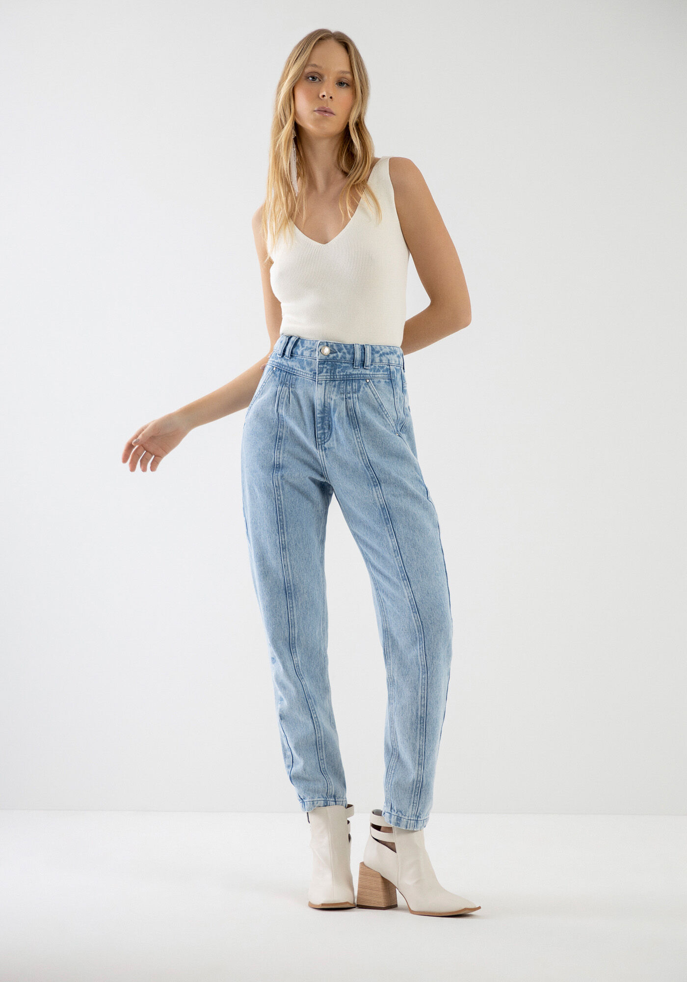 Cal&ccedil;a Jeans Slouchy Alfaiataria com Recortes, JEANS, large.