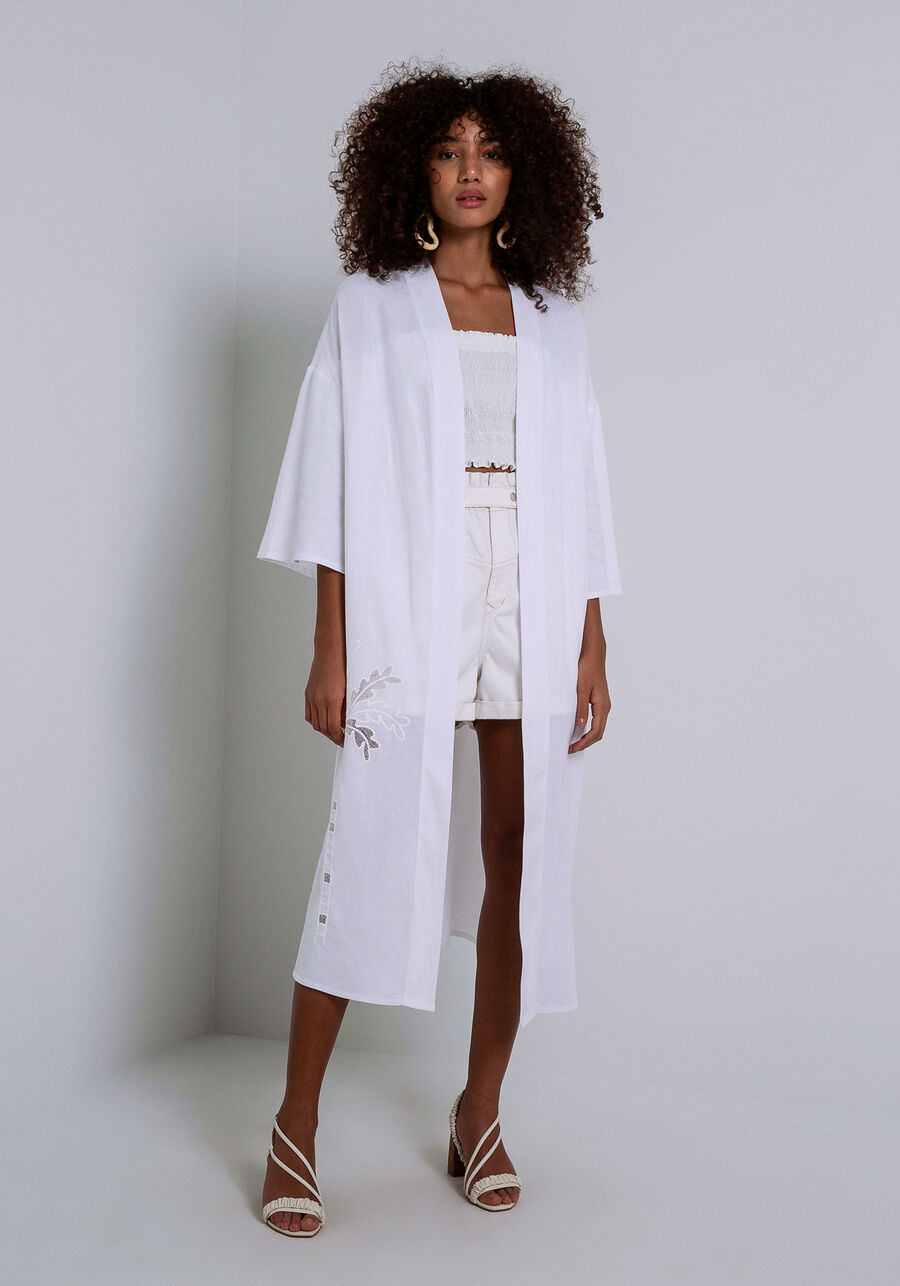 Kimono Alongado em Linho com Bordado, . Kimono Alongado em Linho com Bordado, , large.