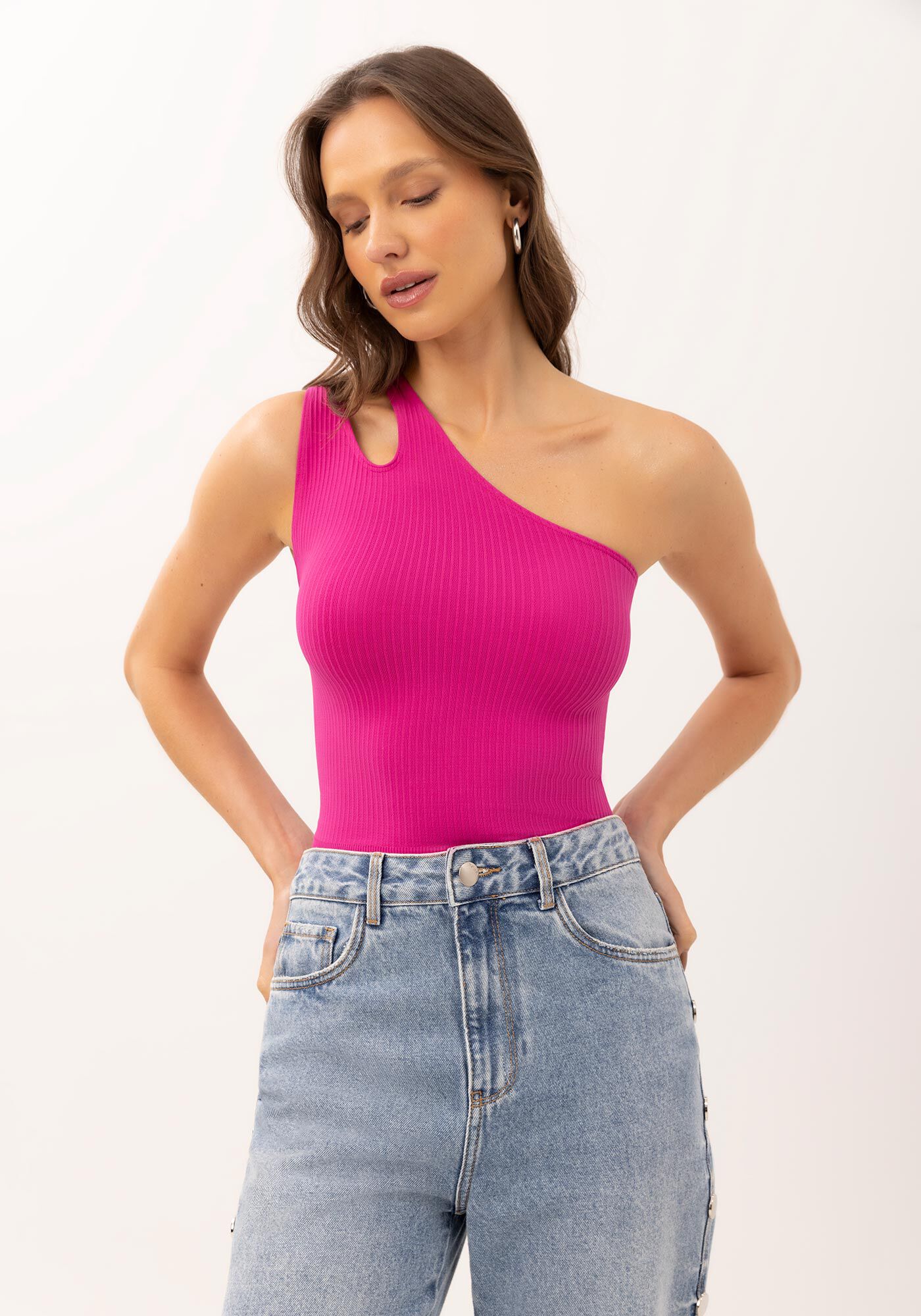 Blusa Cropped Seamless Um Ombro S&oacute; com Cut, , large.