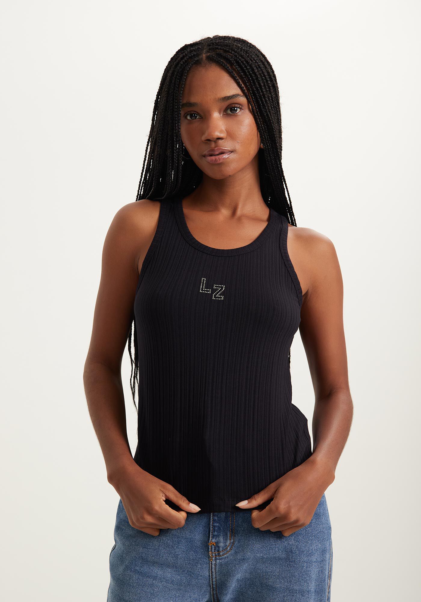 Blusa Regata De Al&ccedil;as Em Malha Canelada Com Strass, , large.