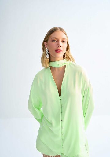 Camisa Manga Longa com Faixa Decote, VERDE NOW. Camisa Manga Longa com Faixa Decote, VERDE NOW, large.