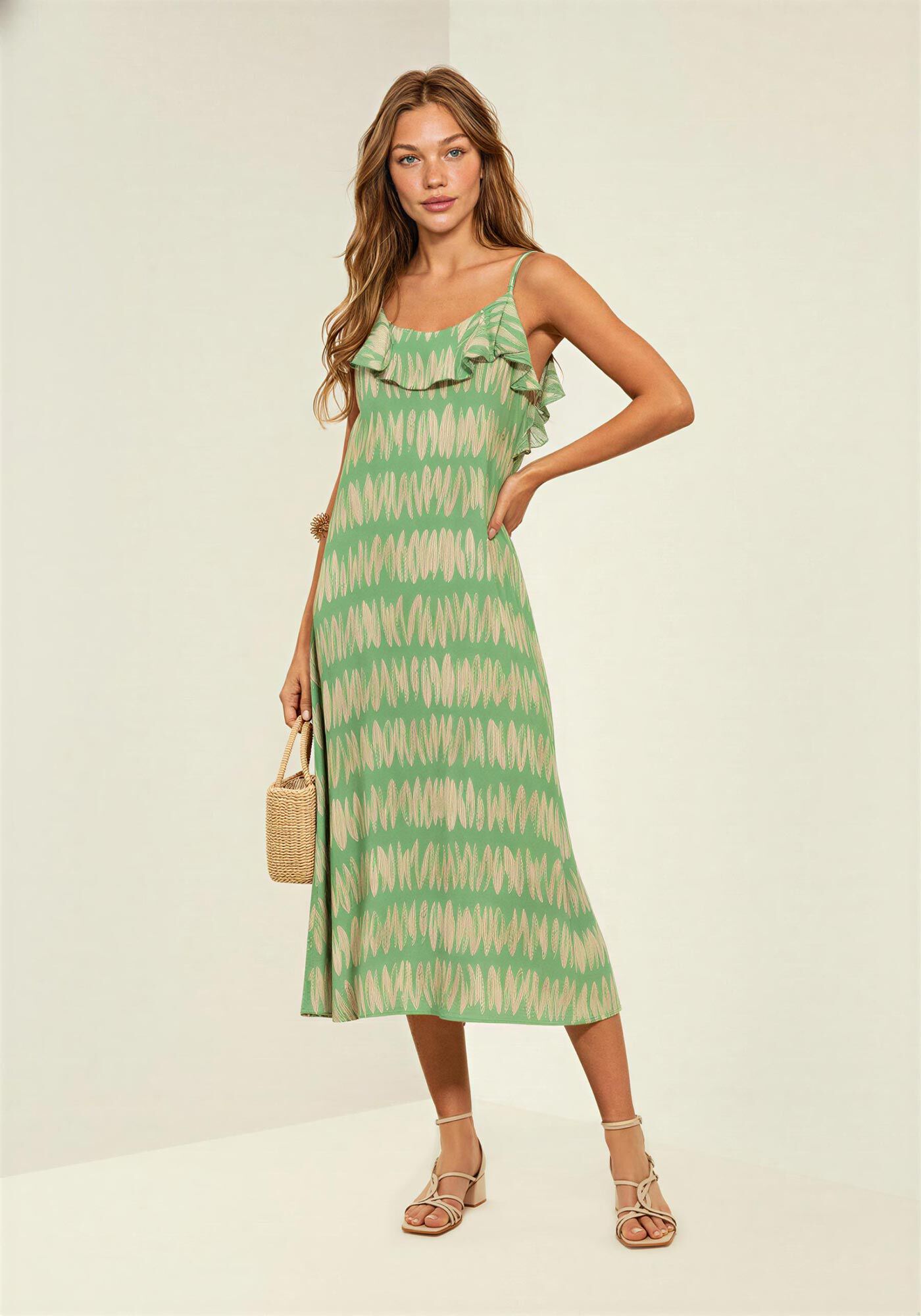 Vestido Midi Estampado Com Al&ccedil;as Finas E Babados, PETALAS BEGE, large.