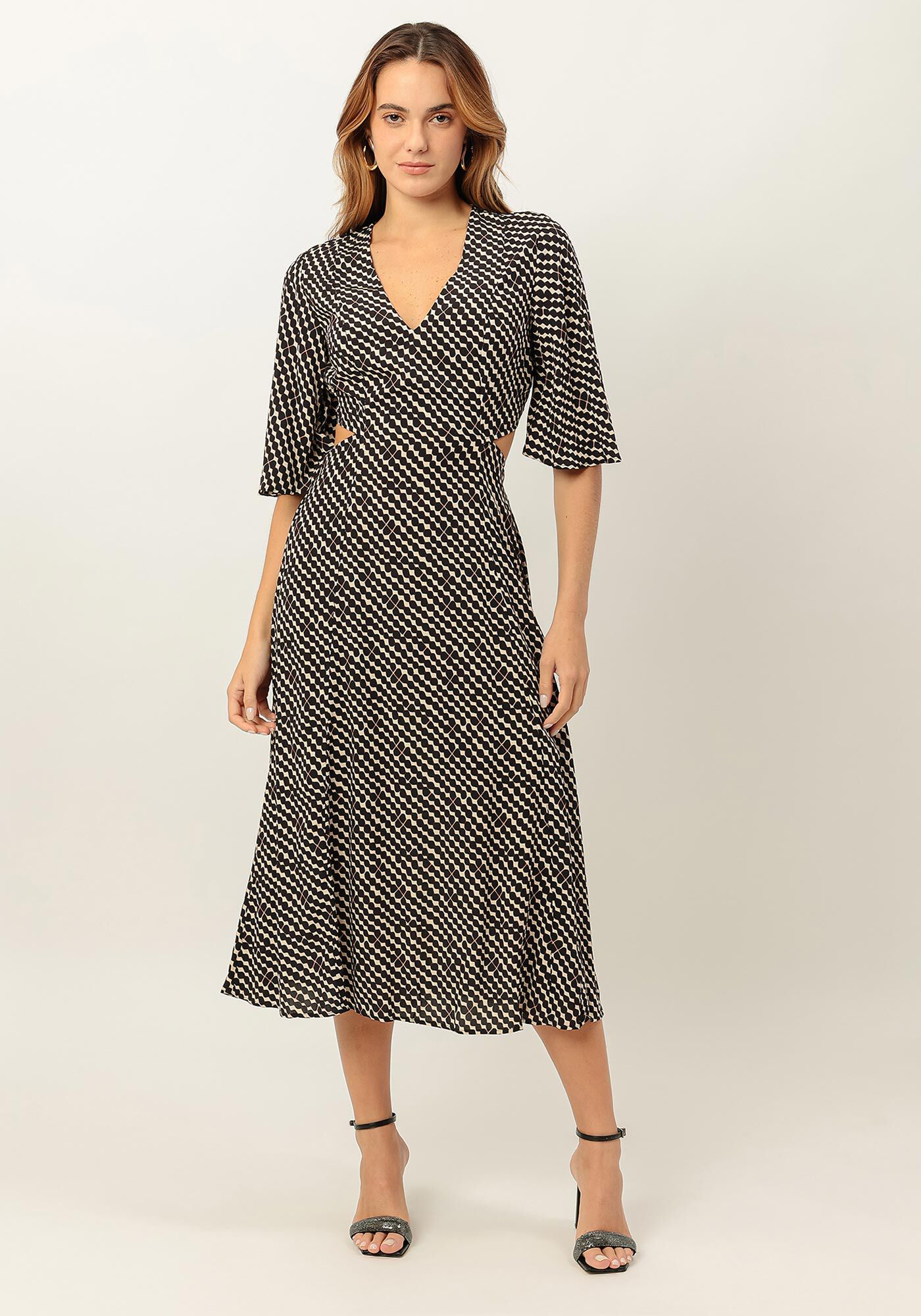 Vestido Midi Manga Flare com Cut Costas, PATTERN, large.