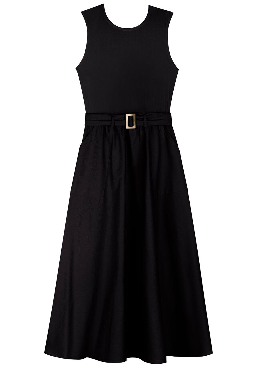 Vestido Midi Chá Em Tafetá De Algodão Com Faixa Afivelada, . Vestido Midi Chá Em Tafetá De Algodão Com Faixa Afivelada, , large.