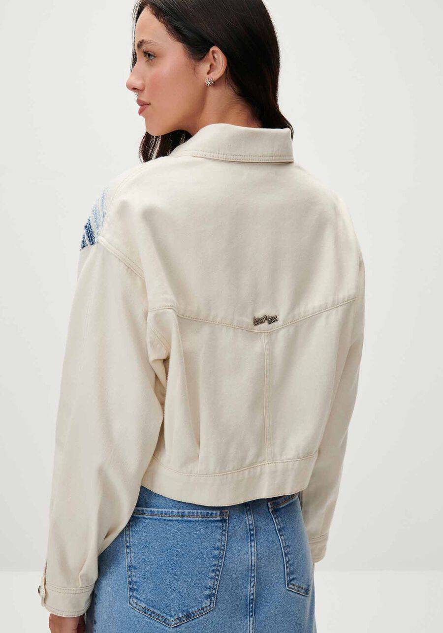 Jaqueta Sarja Cropped com Recorte Jeans, . Jaqueta Sarja Cropped com Recorte Jeans, , large.