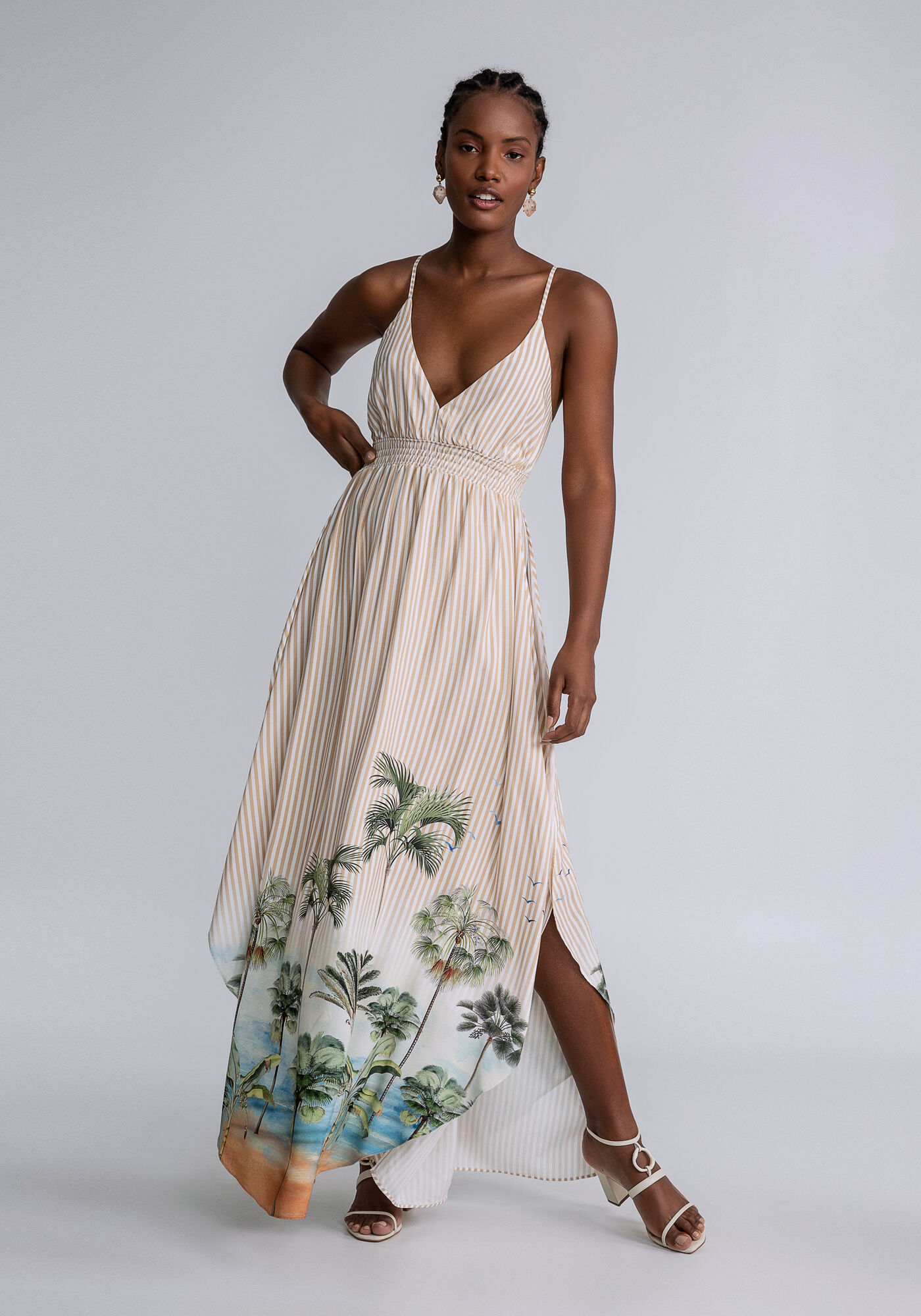 Vestido longo estampado com decote nas costas top