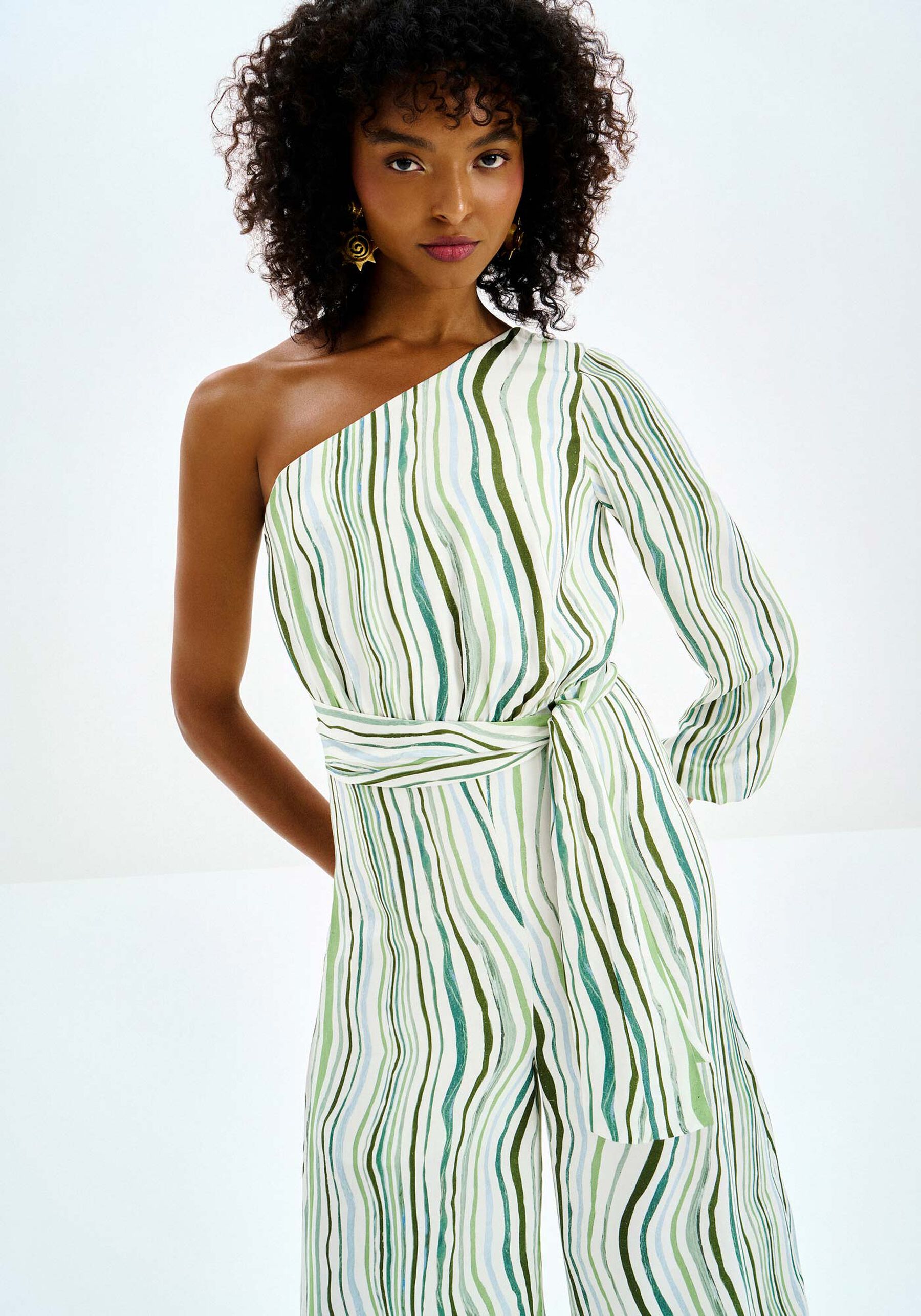 Macacão Longo Estampado Um Ombro Só com Cinto, . Macacão Longo Estampado Um Ombro Só com Cinto, , large.