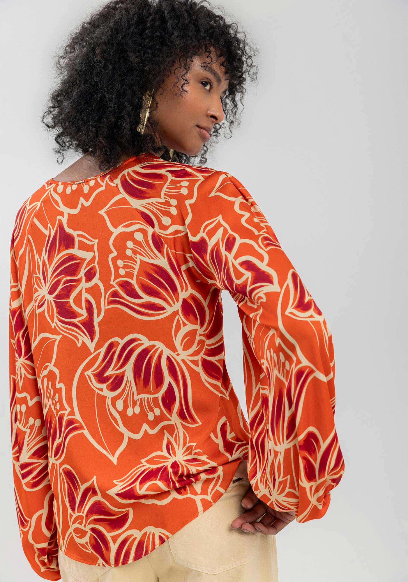 Blusa Estampada De Mangas Amplas Com Amarra&ccedil;&atilde;o Frontal, , large.