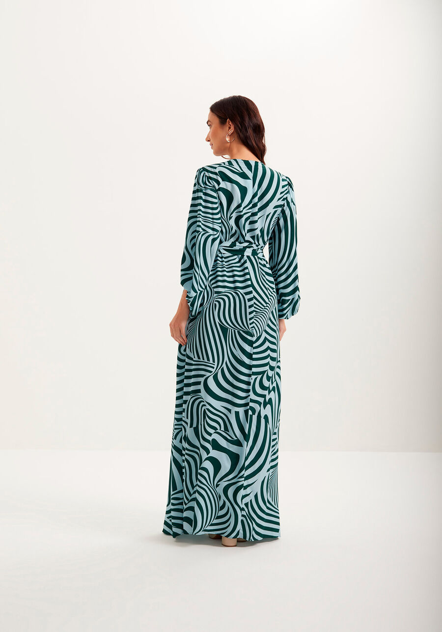 Vestido Longo Estampado Com Mangas Amplas E Faixa Ajustável, . Vestido Longo Estampado Com Mangas Amplas E Faixa Ajustável, , large.
