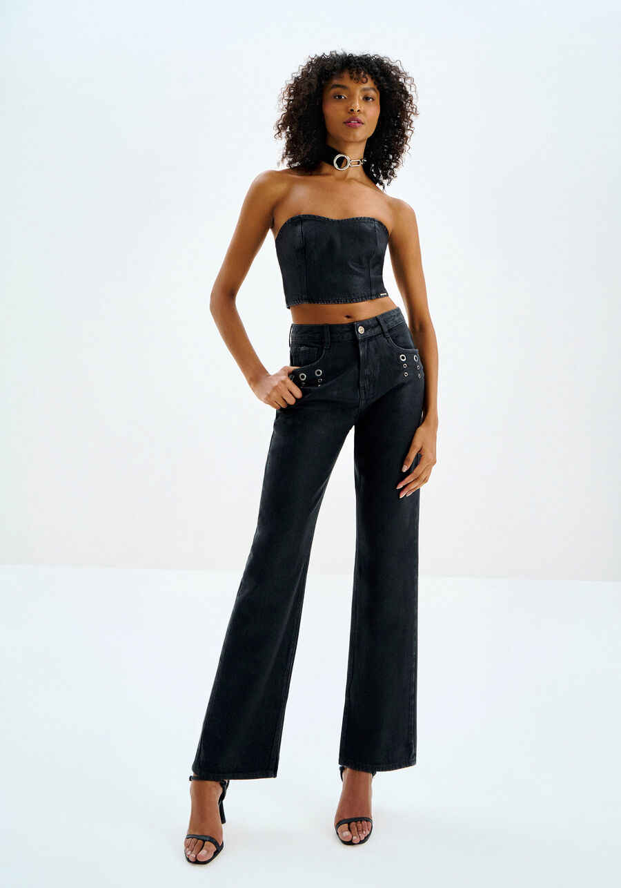 Calça Jeans Gloss Reta Cintura Alta com Ilhós, . Calça Jeans Gloss Reta Cintura Alta com Ilhós, , large.