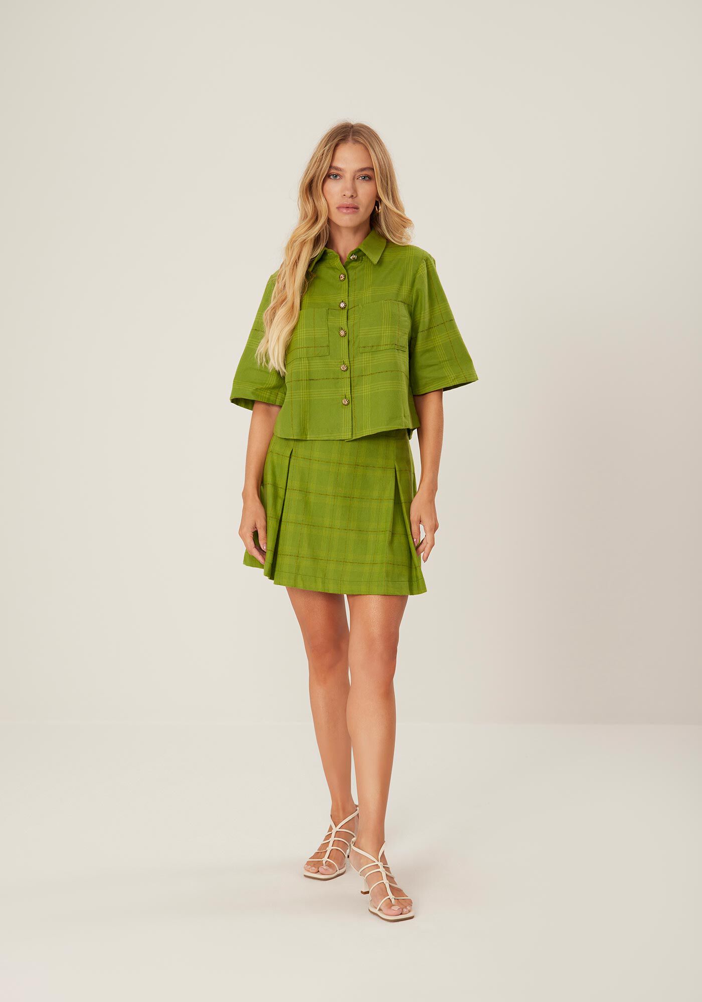 Camisa Xadrez De Mangas Curtas Com Bolsos E Bot&otilde;es Frontais, , large.