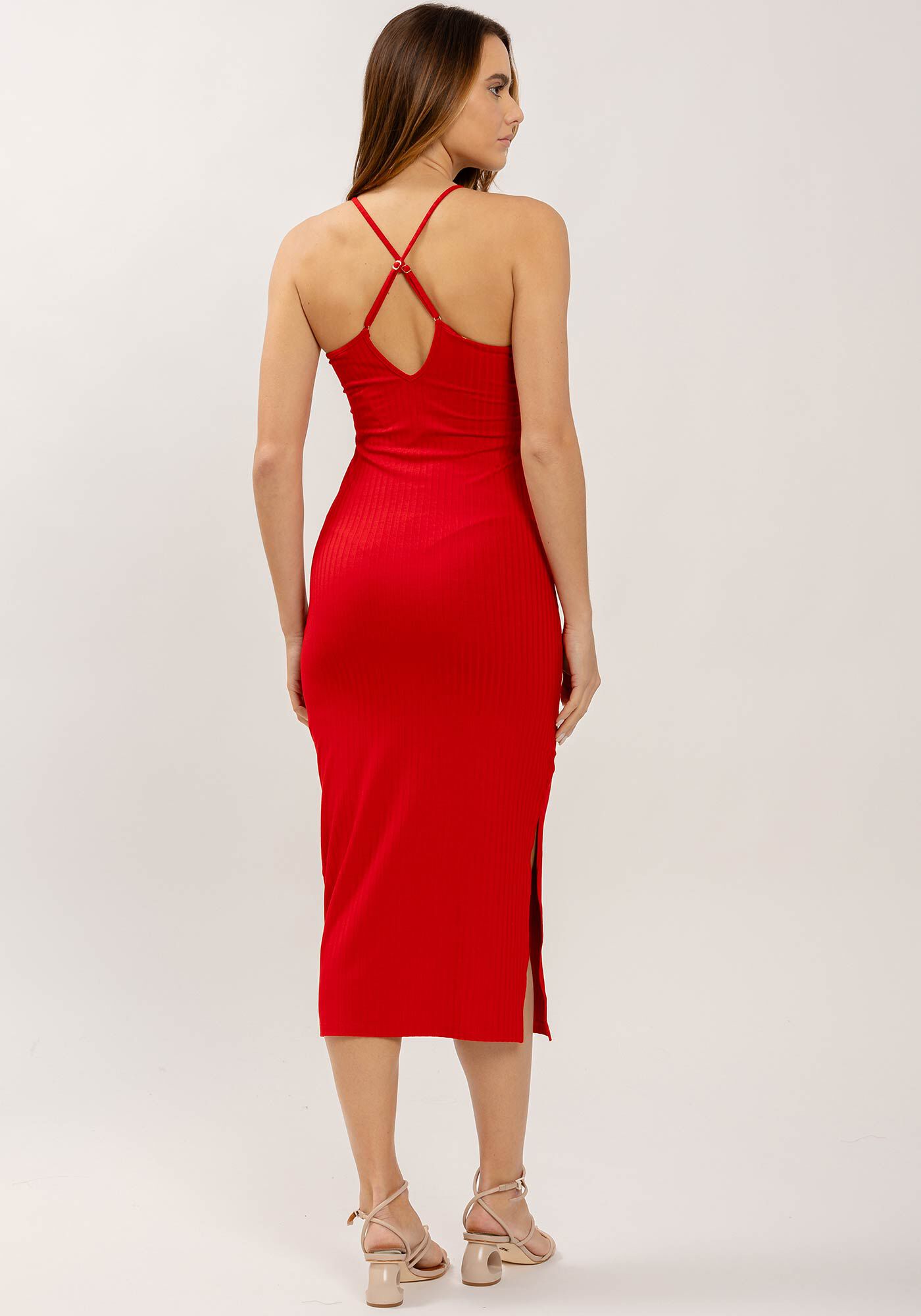 Vestido Midi Canelado com Decote Profundo, , large.