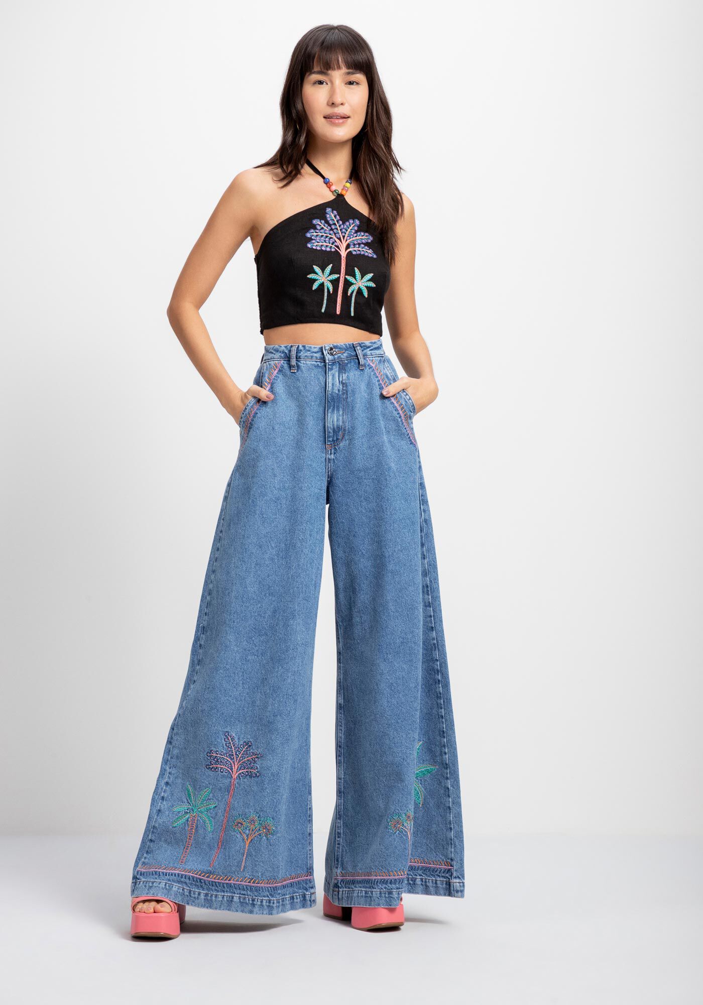 Blusa Frente &Uacute;nica Cropped em Linho com Bordado, , large.