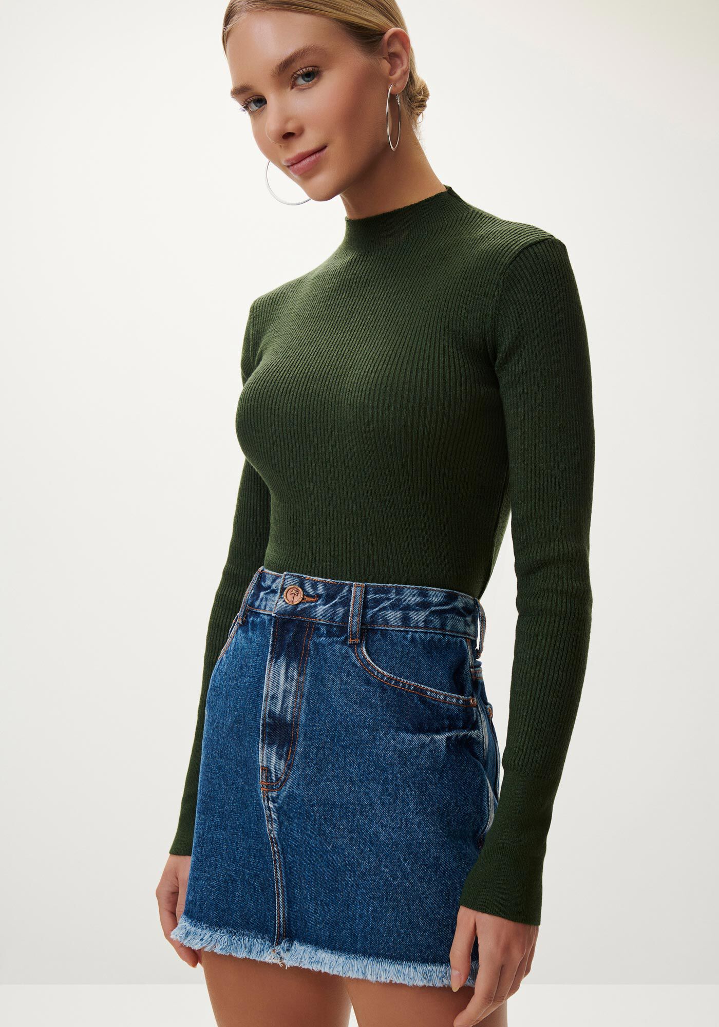 Saia Jeans Curta com Barra Desfiada, , large.