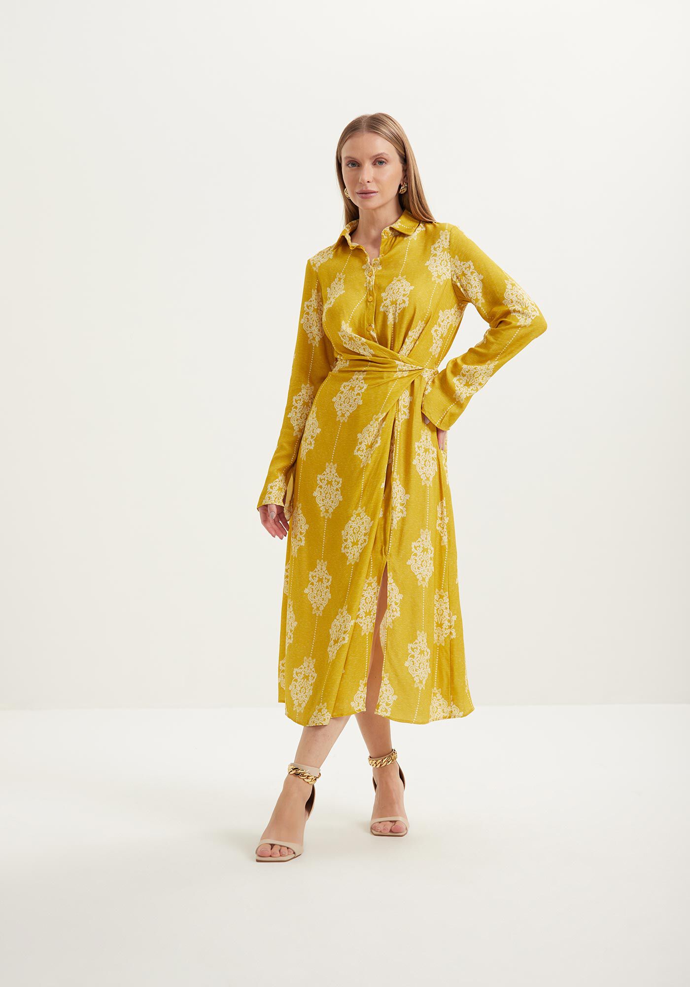 Vestido Midi Estampado Fluido De Mangas Longas Com El&aacute;stico, , large.