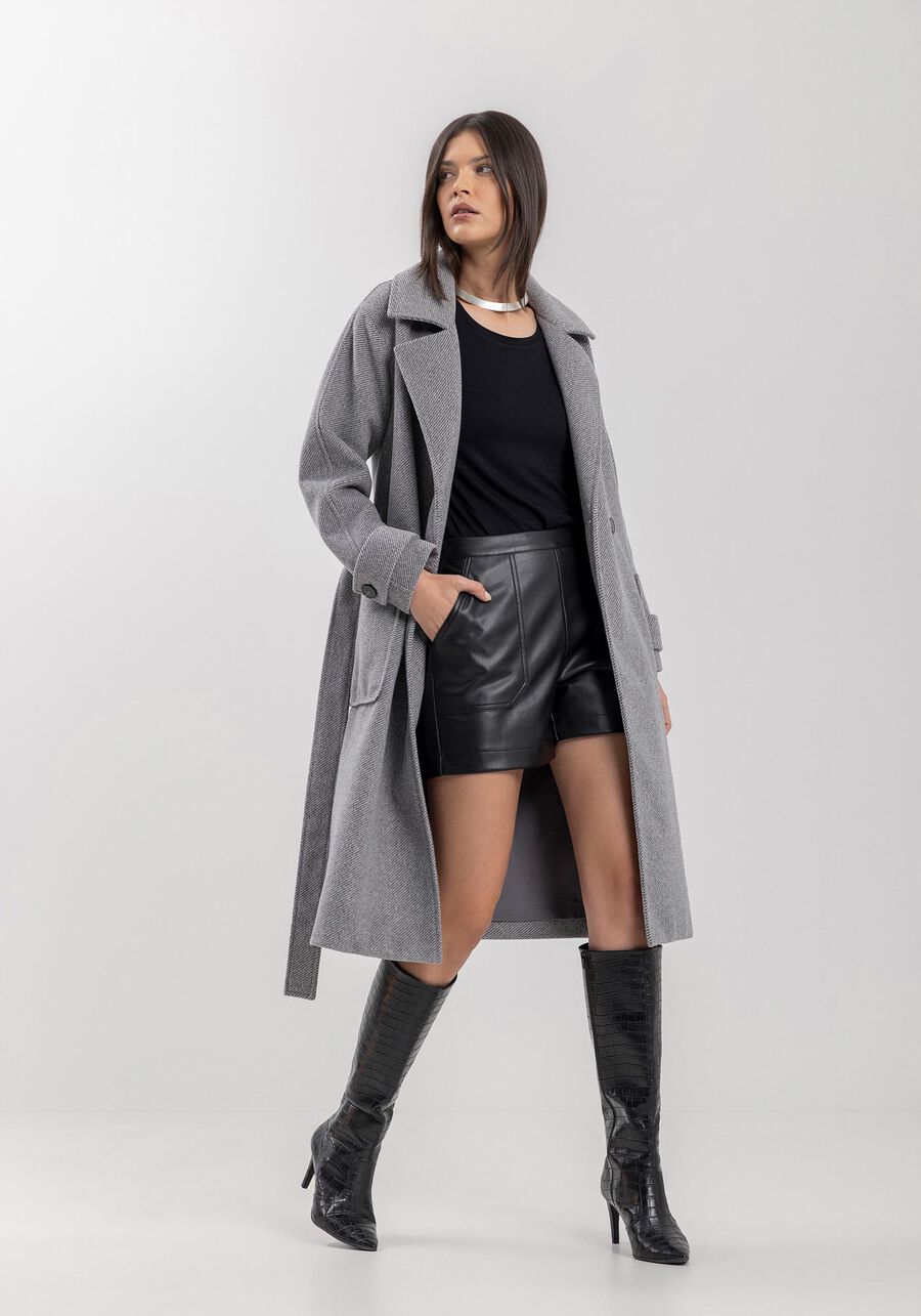 Sobretudo Midi Com Bolsos Laterais E Faixa Ajustável, CINZA METAL. Sobretudo Midi Com Bolsos Laterais E Faixa Ajustável, CINZA METAL, large.