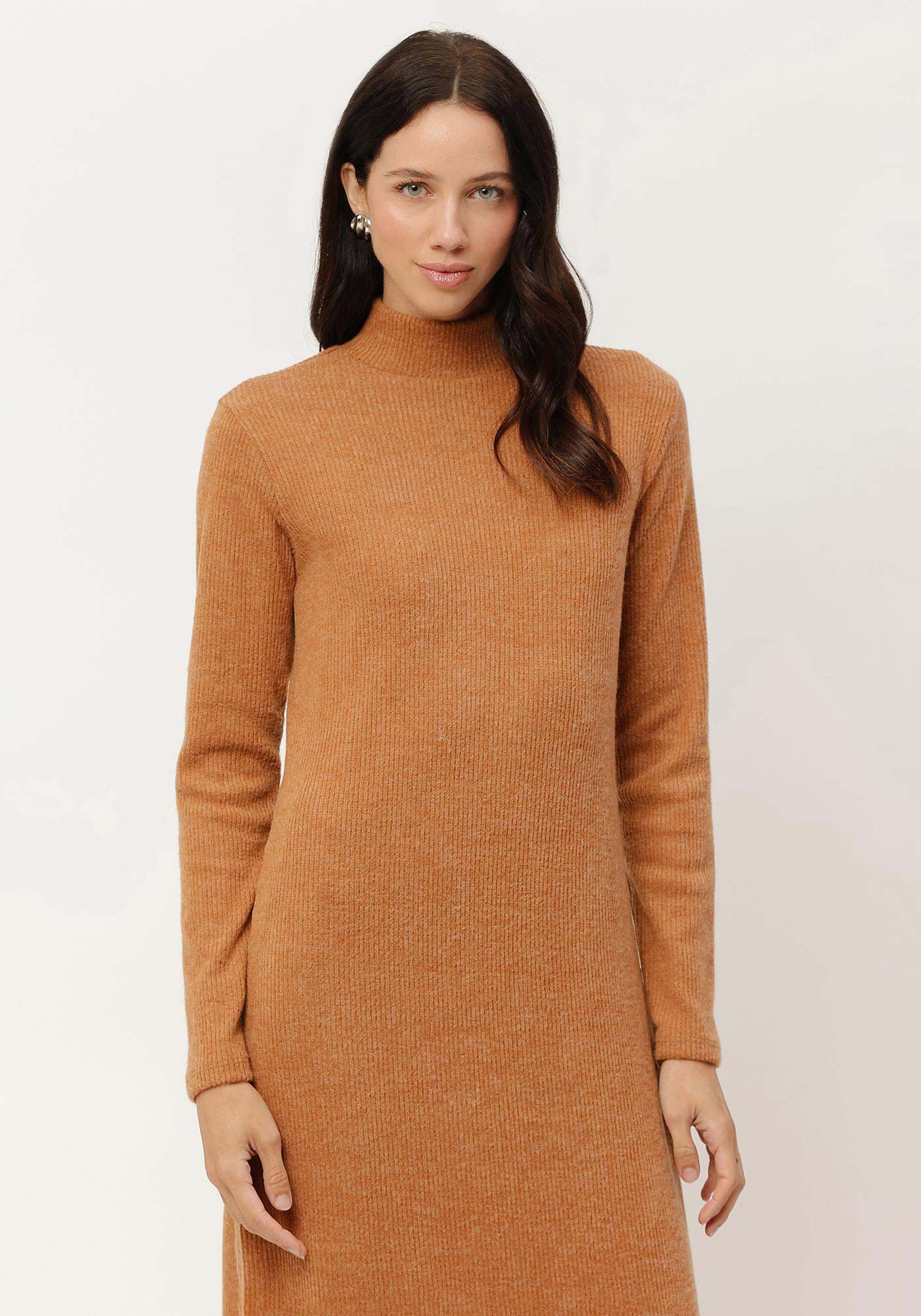Vestido Midi Manga Longa Canelado com Gola, , large.