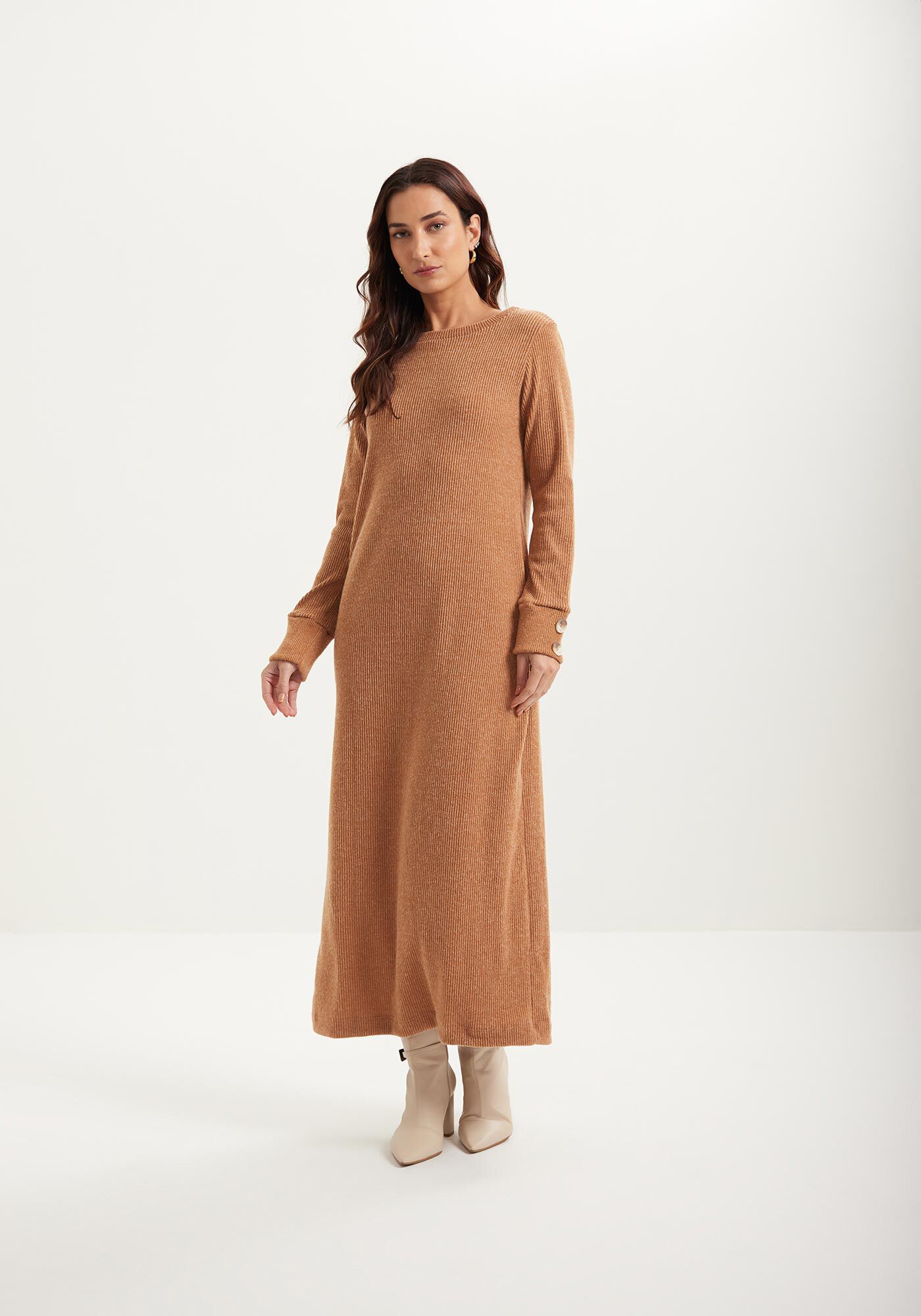 Vestido Midi Ch&aacute; De Mangas Longas Em Malha Canelada, BEGE BLUR, large.