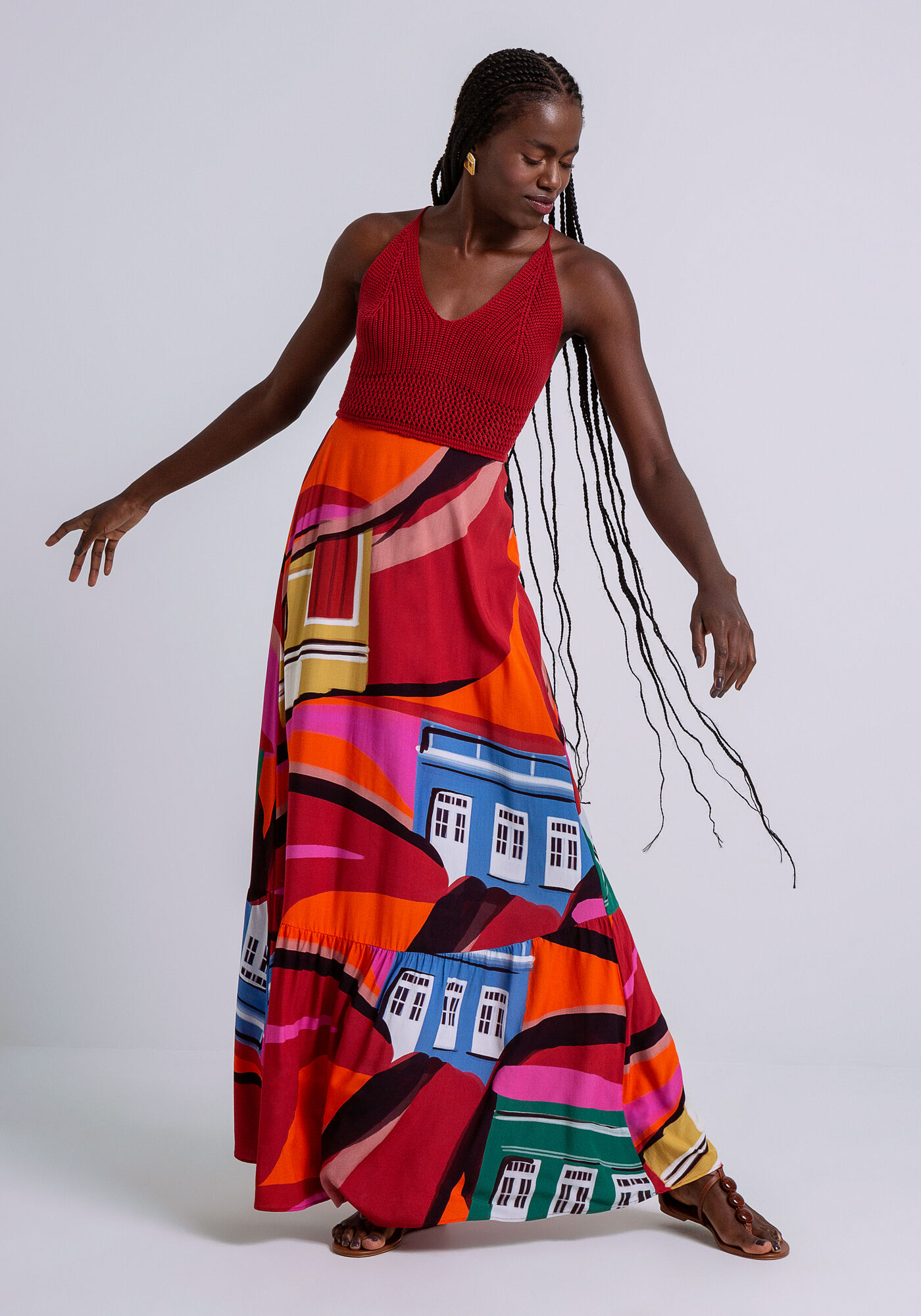 Vestido Longo em Viscose e Tric Lez a Lez