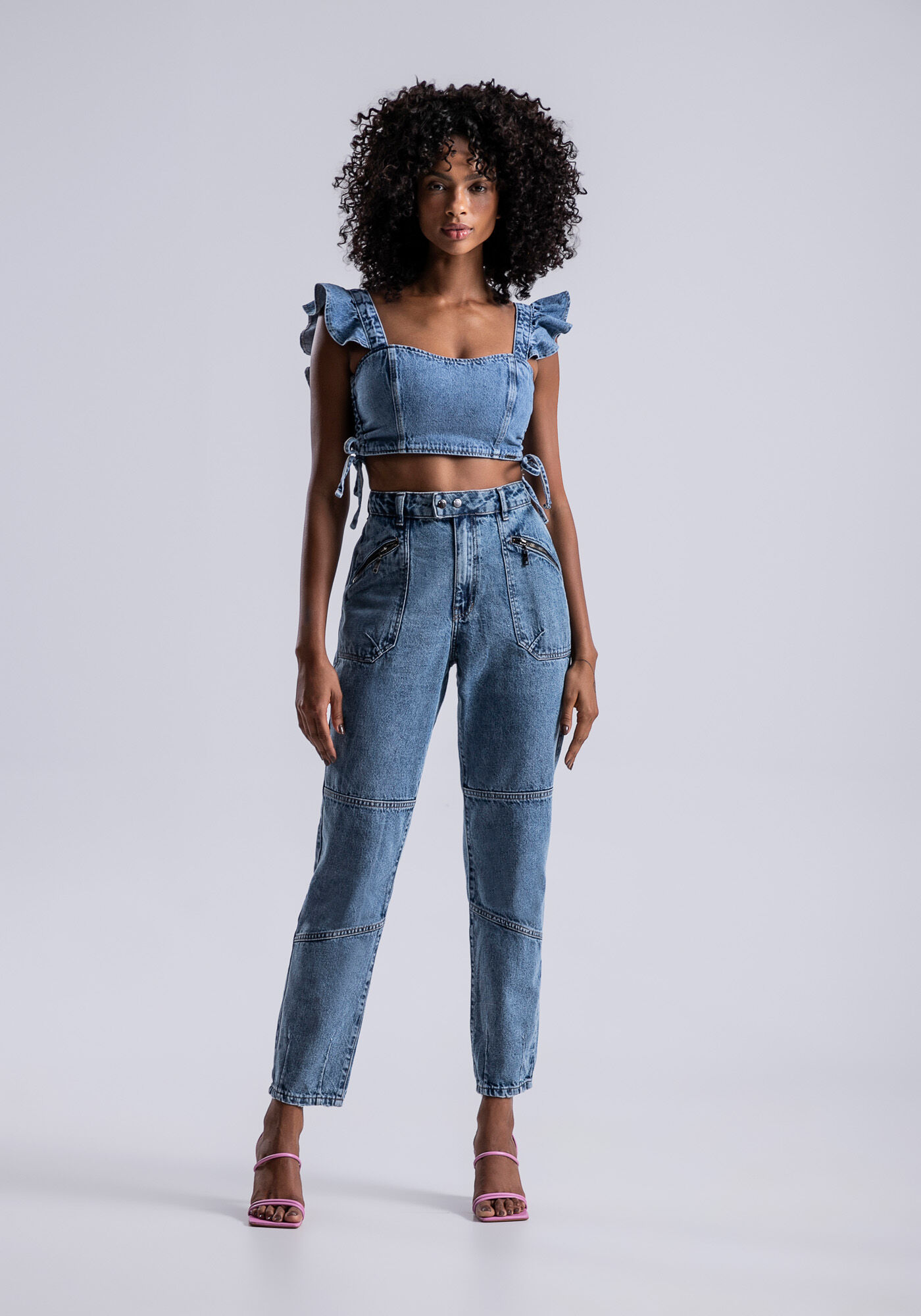 Blusa jeans com babado clearance