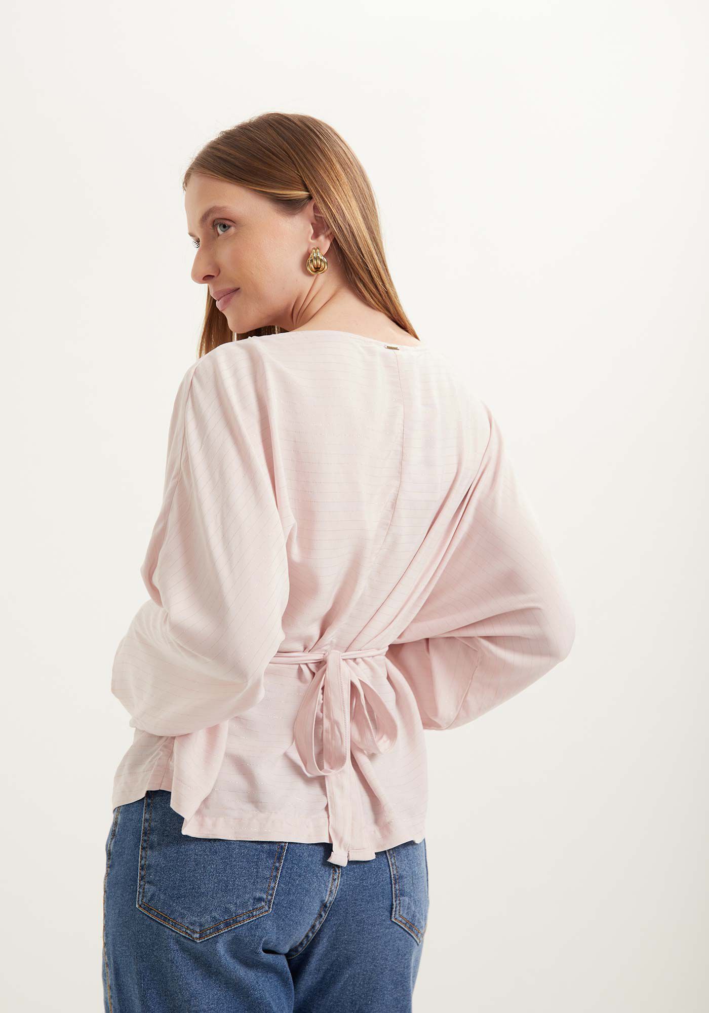 Blusa De Mangas Longas Com Pregas Frontais E Fios De Lurex, ROSA SIRTAKI, large.