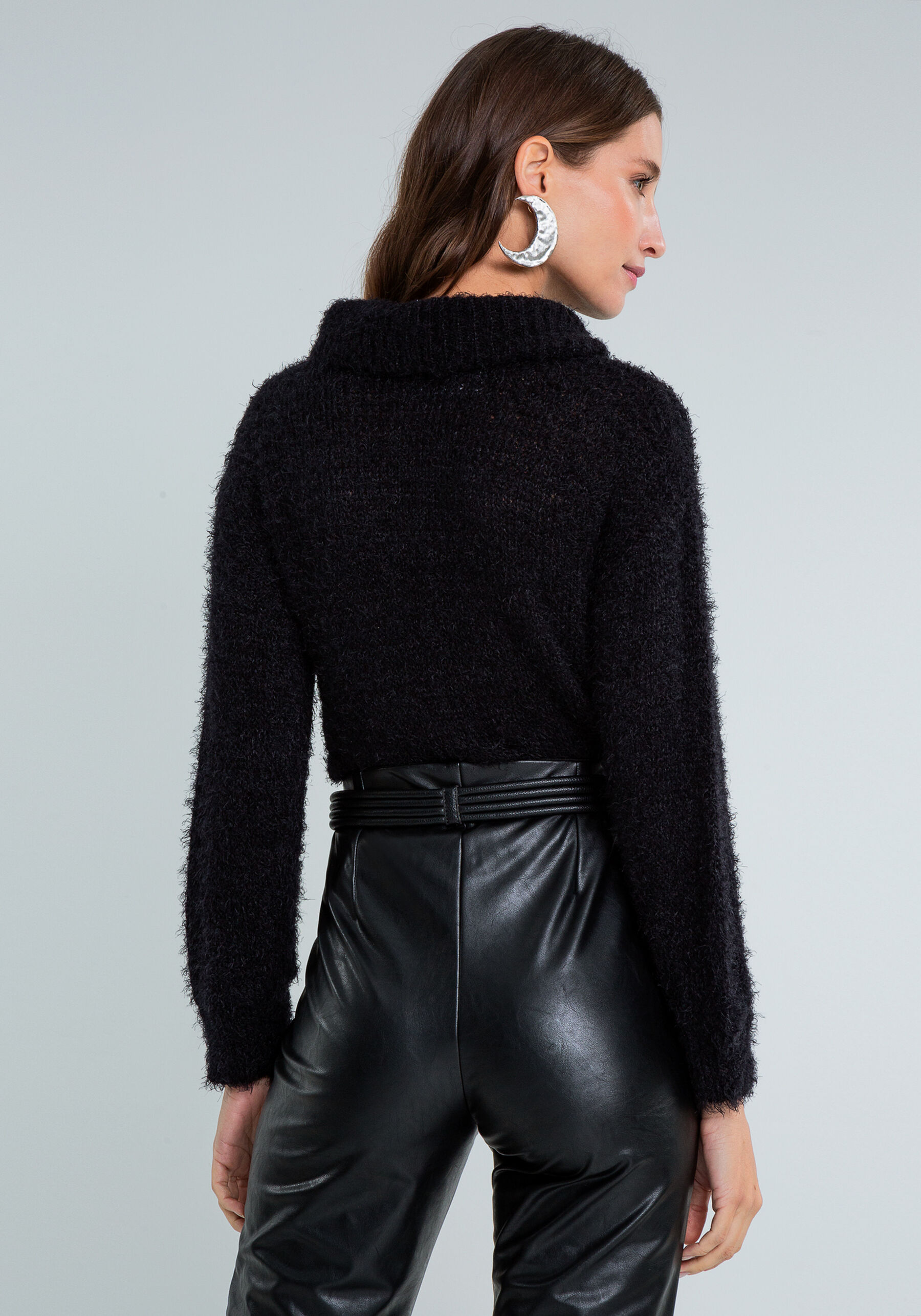 Blusão Manga Longa Gola Alta Tricô, PRETO. Blusão Manga Longa Gola Alta Tricô, PRETO, large.