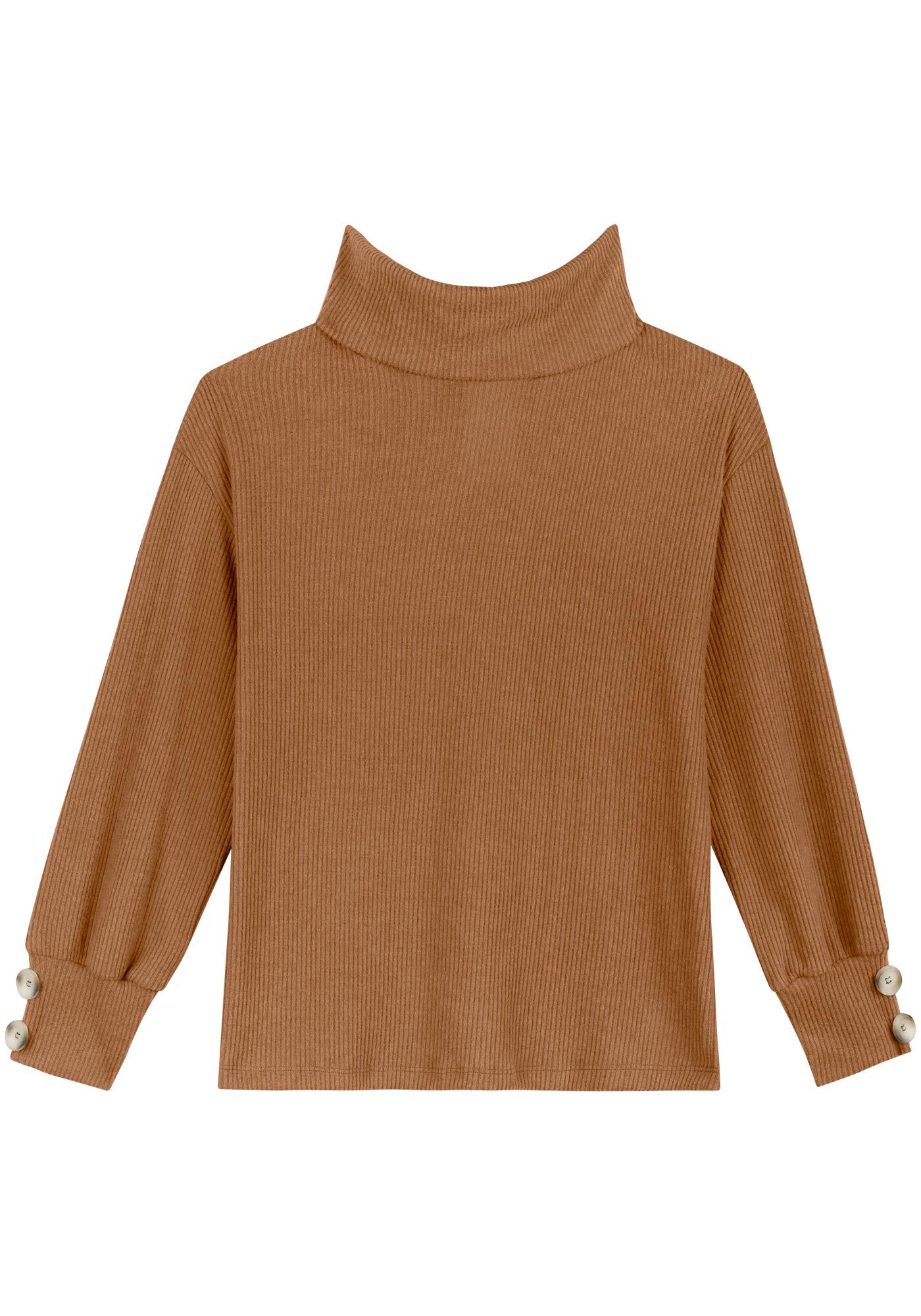 Blusa De Mangas Longas Em Malha Canelada Com Gola Alta, , large.