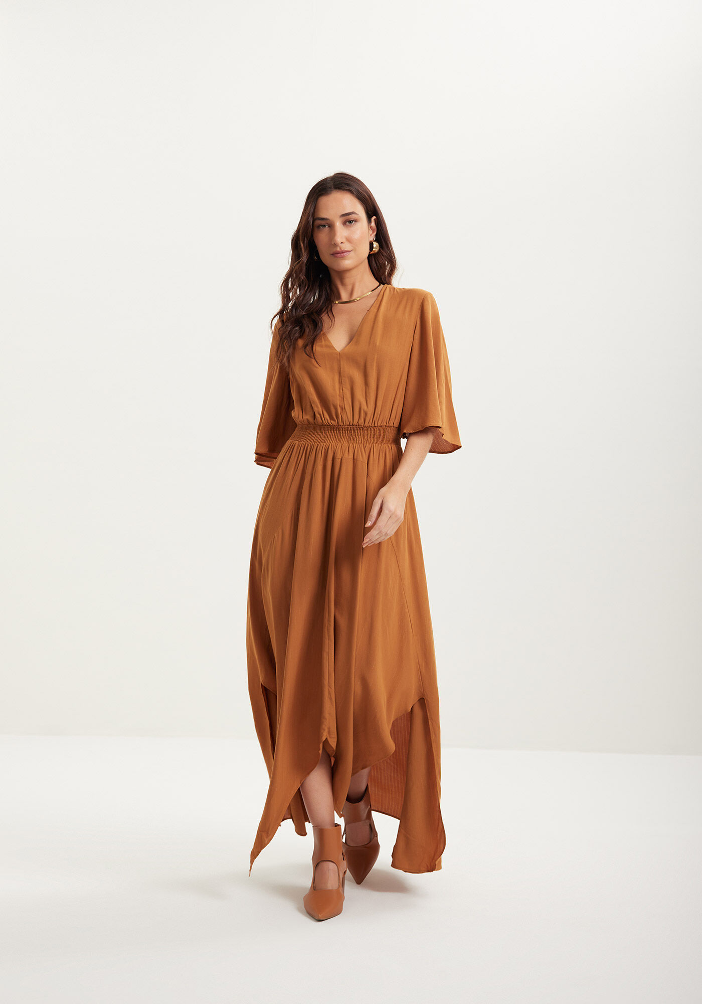 Vestido Longo Fluido Em Viscose Com Fios De Lurex, , large.