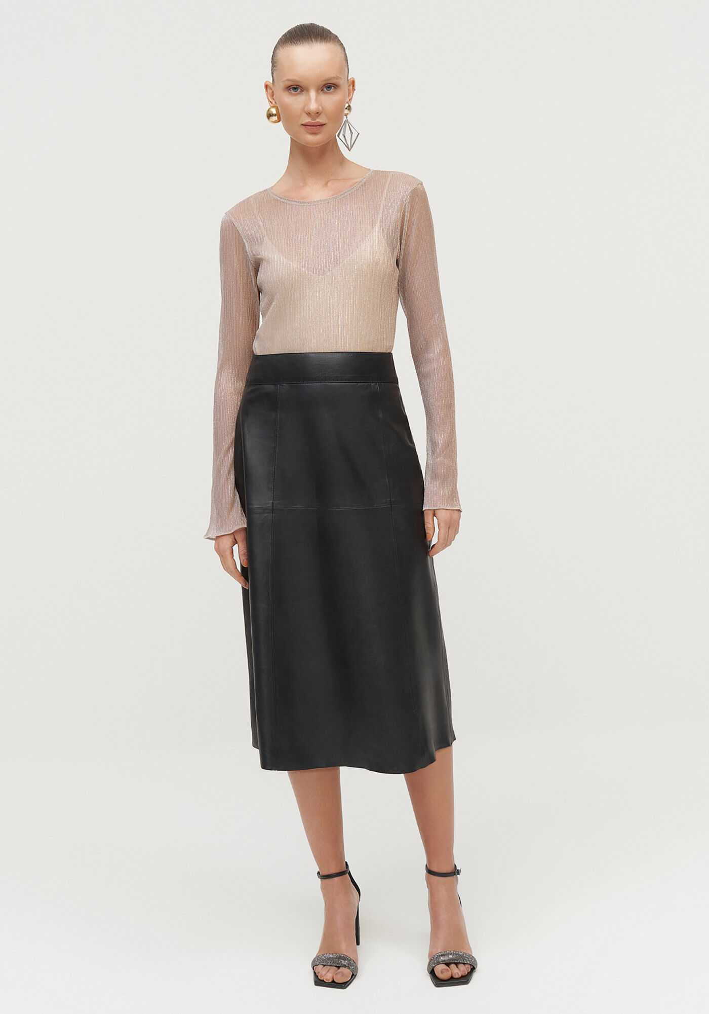 Saia Midi Evas&ecirc; em Couro com Cintura Alta, , large.