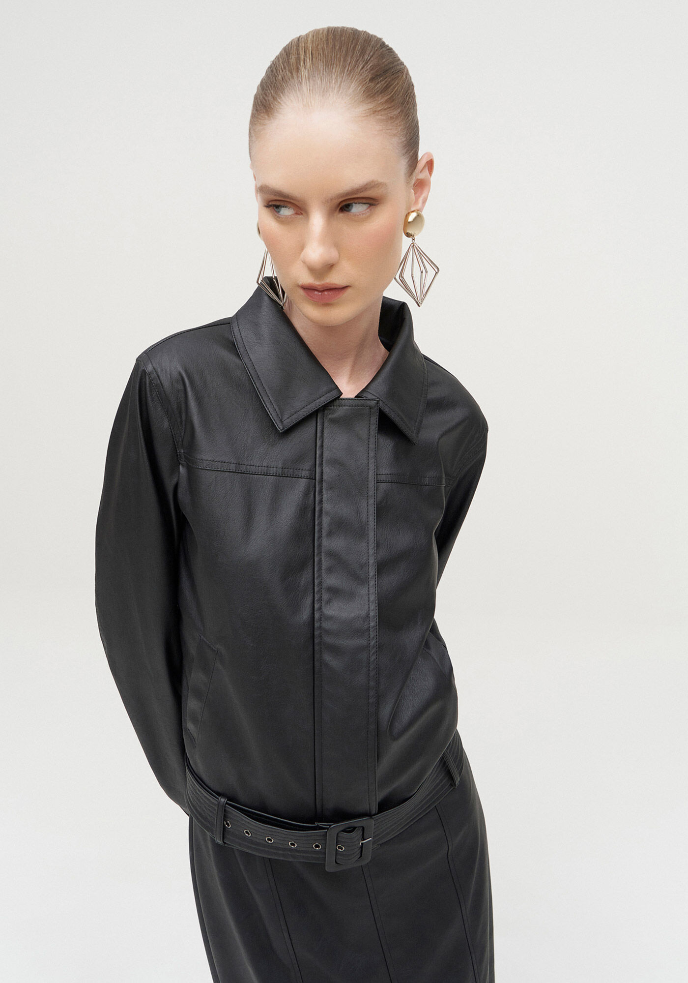 Jaqueta Bomber em PU com Cinto, PRETO REATIVO, large.