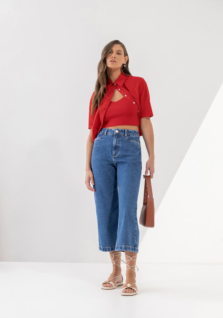Calça Jeans Pantacourt com Cintura Super Alta, JEANS. Calça Jeans Pantacourt com Cintura Super Alta, JEANS, large.