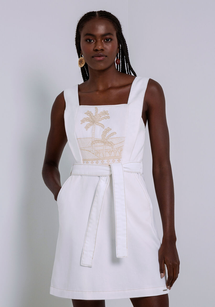 Vestido Sarja Curto com Bordado e Cinto, BRANCO OFF WHITE. Vestido Sarja Curto com Bordado e Cinto, BRANCO OFF WHITE, large.