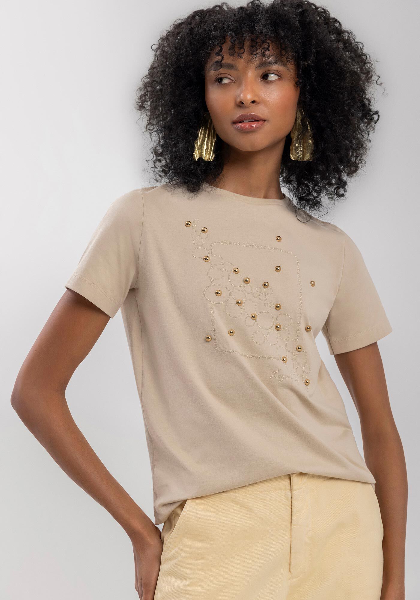 Blusa Em Algod&atilde;o Com Mangas Curtas E Apliques Metalizados, , large.