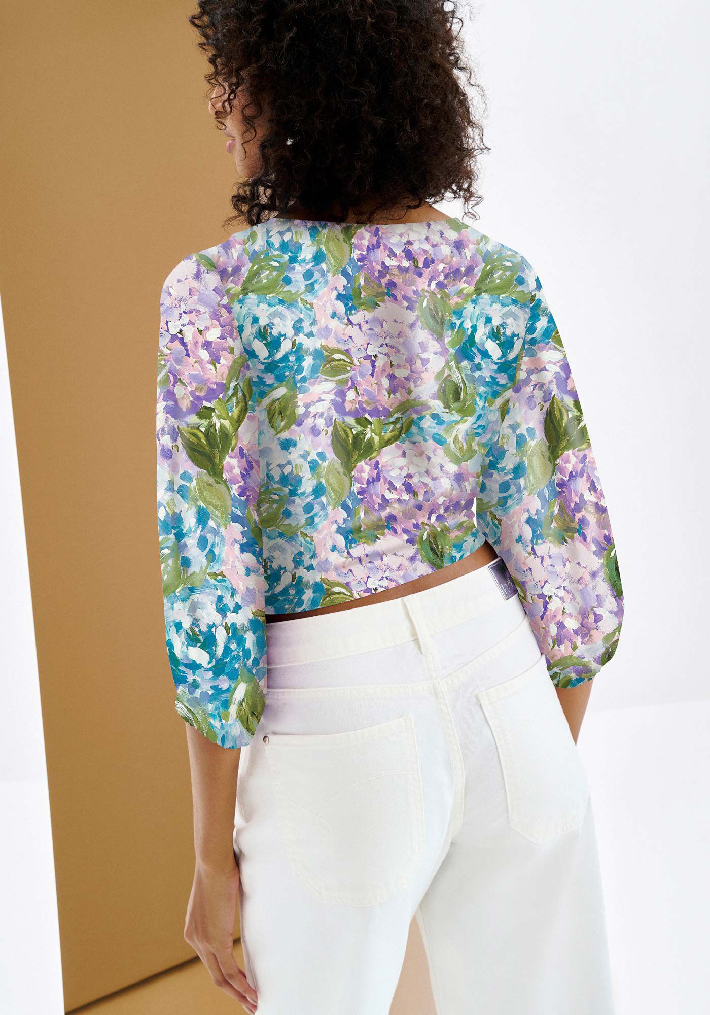 Blusa Manga 3/4 Bufante Estampada com Amarra&ccedil;&atilde;o, , large.