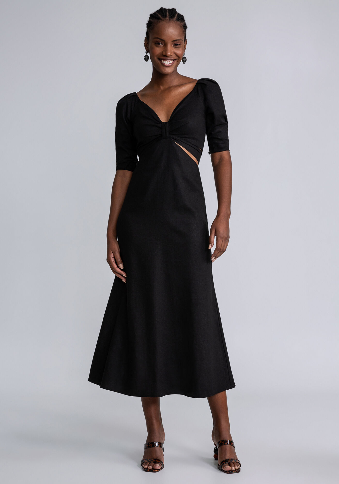 Vestido Mini Recorte Cintura Linho, PRETO REATIVO, large.