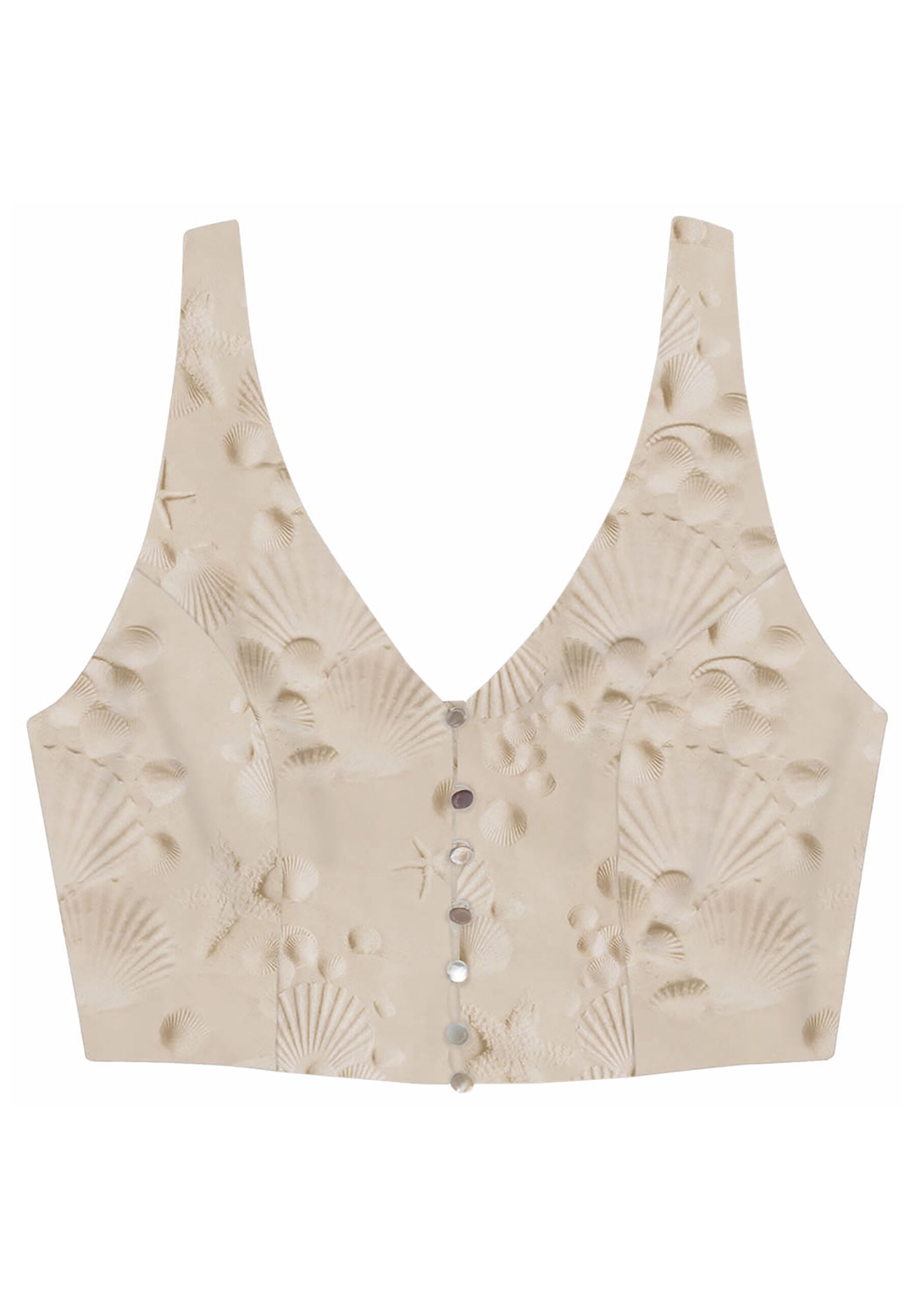 Blusa Cropped em Crepe Estampada com Botões, BEIRA-MAR. Blusa Cropped em Crepe Estampada com Botões, BEIRA-MAR, large.