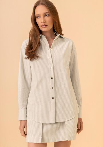 Camisa Alongada Listrada Com Mangas Longas Em Algodão, VERDE SPA. Camisa Alongada Listrada Com Mangas Longas Em Algodão, VERDE SPA, large.